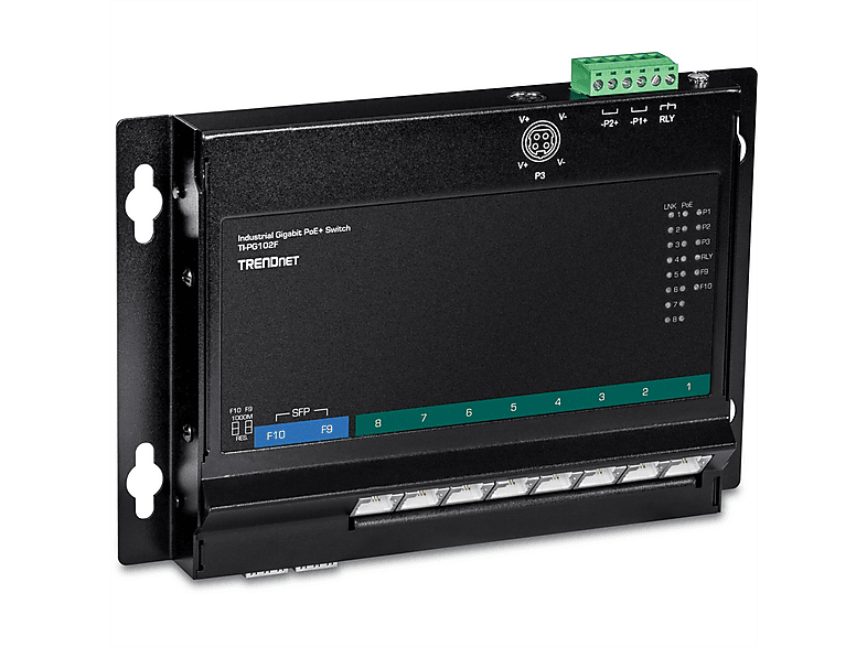 TRENDNET TI-PG102F PoE+ Switch Access 10-Port Industrie Networking Wall-Mount Front Industrial