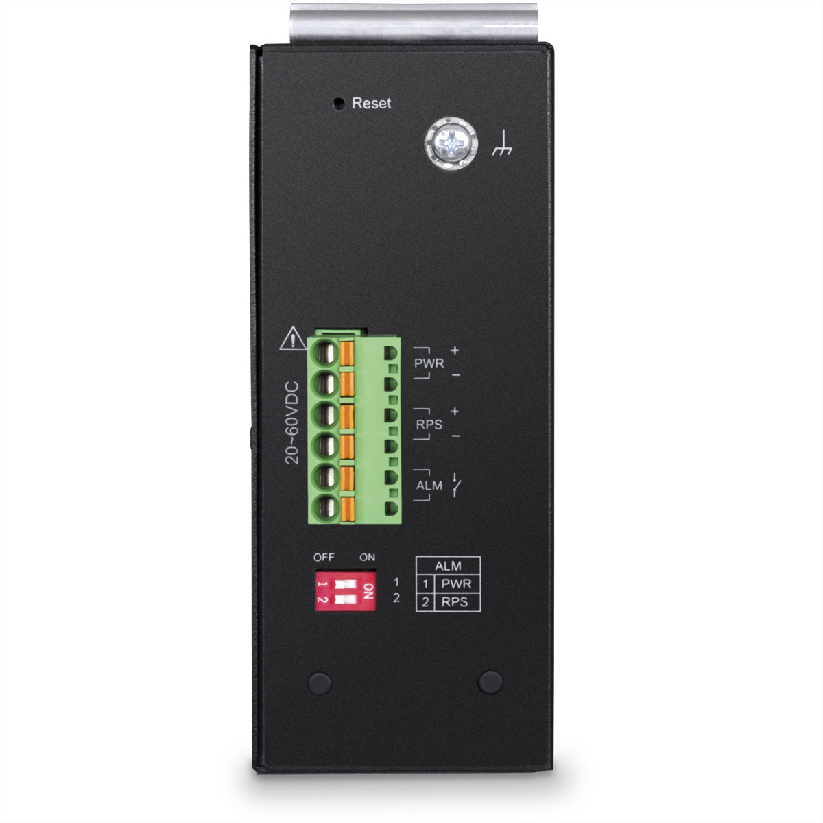 Schwarzes elektronisches Gerät mit grünem Klemmenblock und Schaltern. Etiketten und Reset-Taste sichtbar.