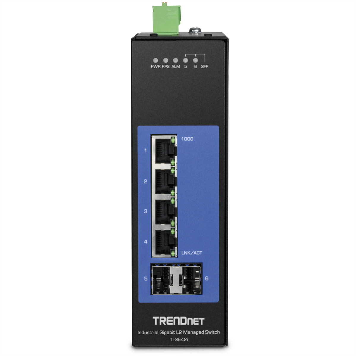Schwarzer Netzwerk-Switch mit Anschlüssen. Der Switch hat ein TRENDnet-Logo. Die Anschlüsse sind mit 1-6 beschriftet.