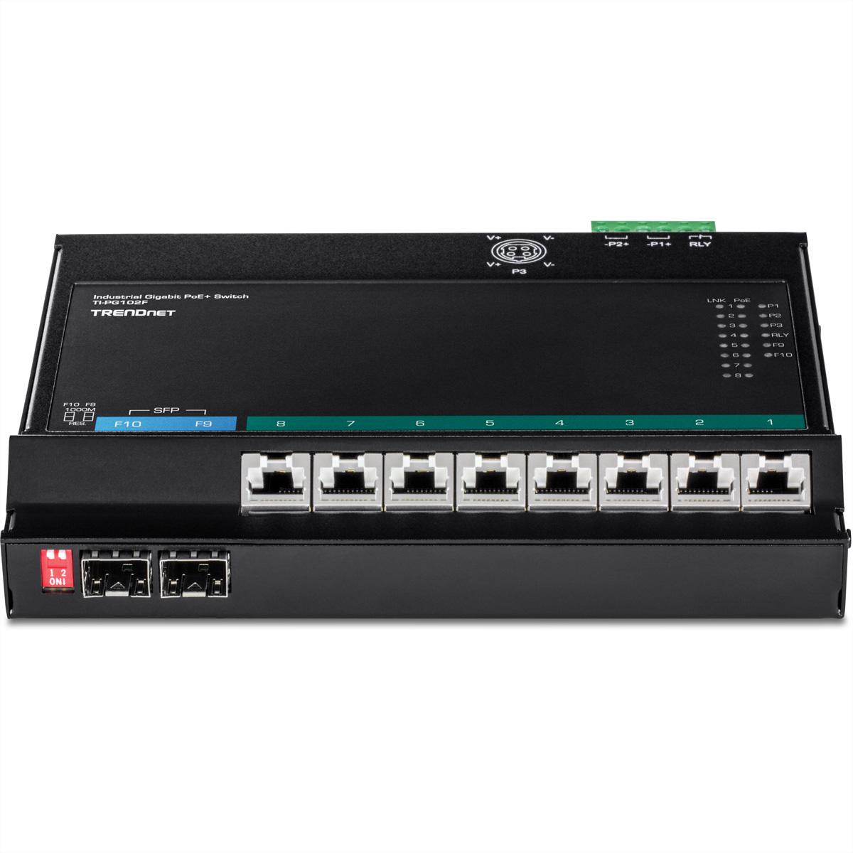 TRENDNET TI-PG102F Industrie 10-Port Industrial Switch PoE+ Wall-Mount Networking Front Access