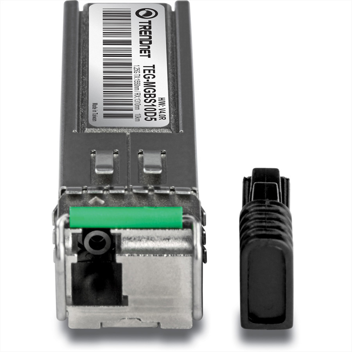 Netzwerk-SFP-Transceiver. Silber mit grünen Akzenten. Enthält ein Etikett mit technischen Informationen.
