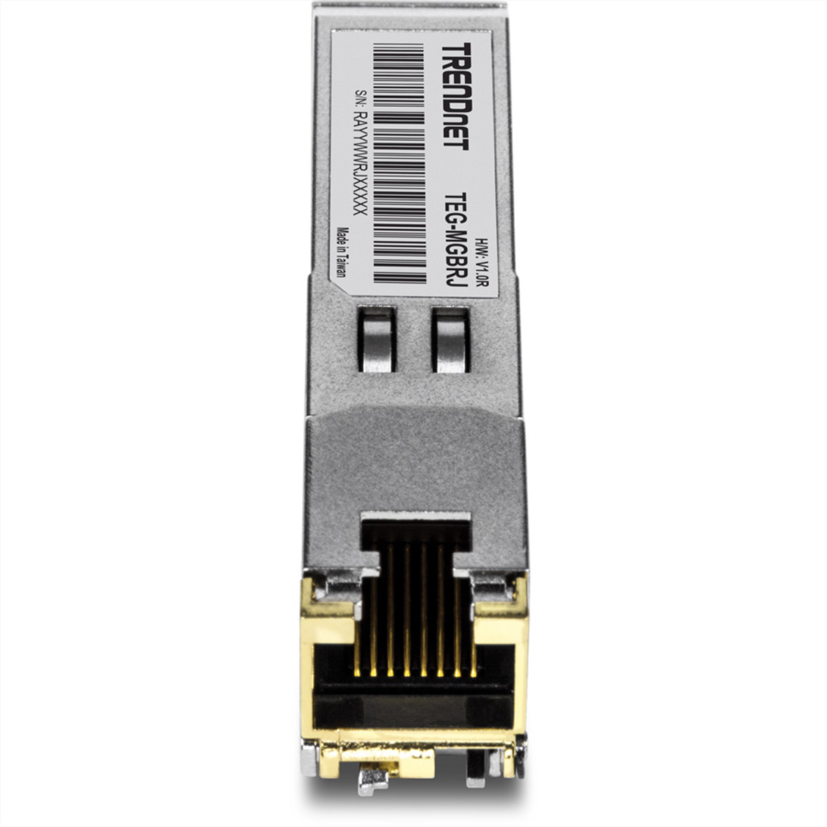 Un module SFP TRENDnet en métal argenté avec une étiquette et un connecteur, vu de face.