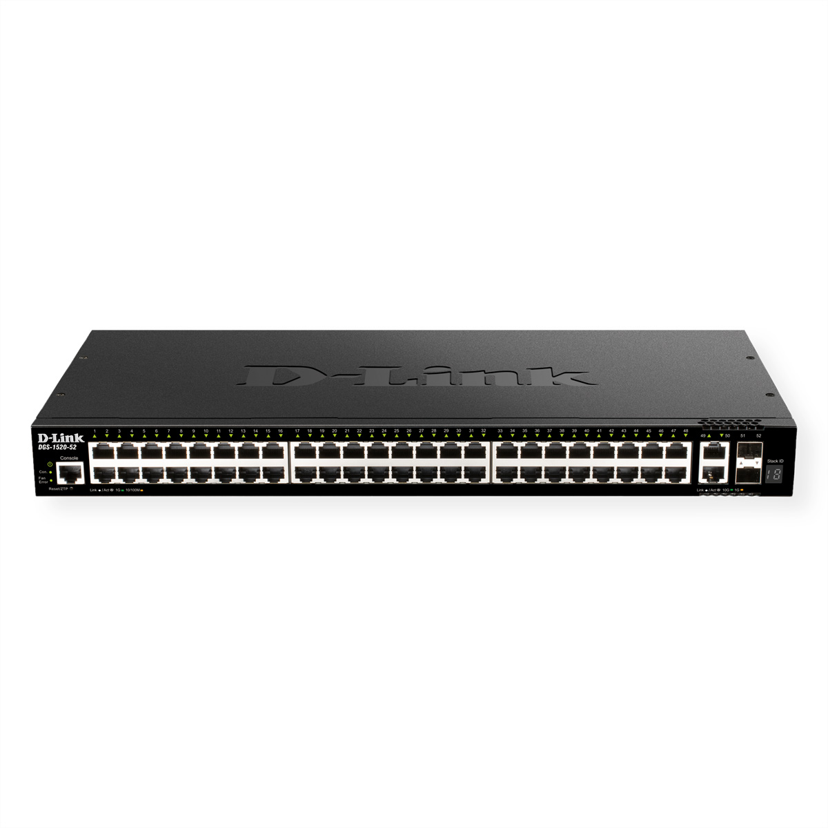 Switch di rete D-Link nero. Porte multiple sul davanti. Corpo nero.