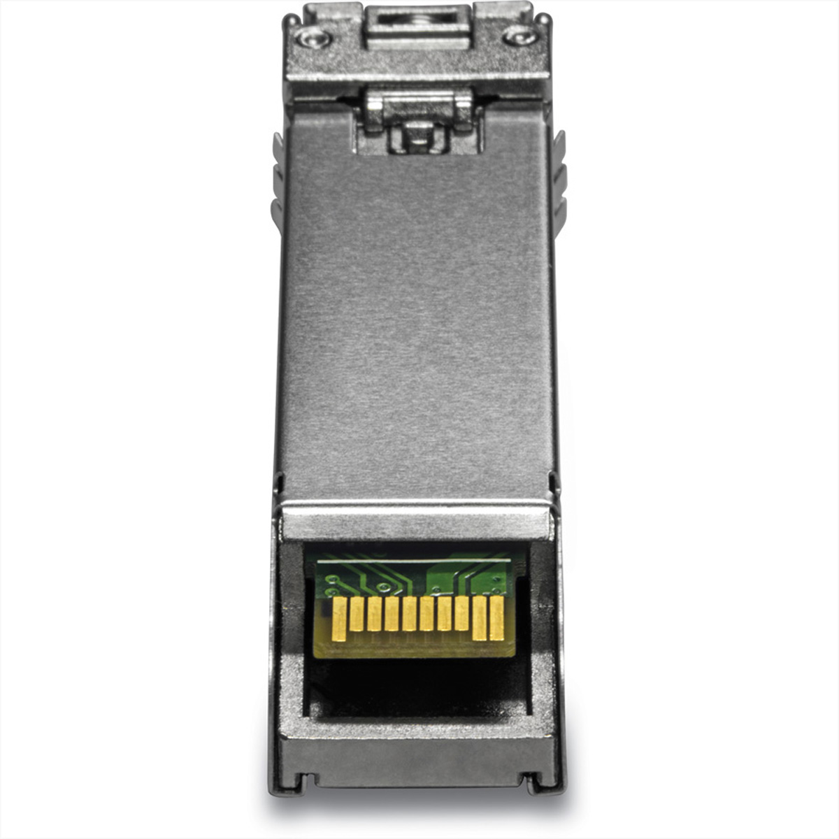 Silberner SFP-Transceiver mit grüner Platine an der Unterseite.