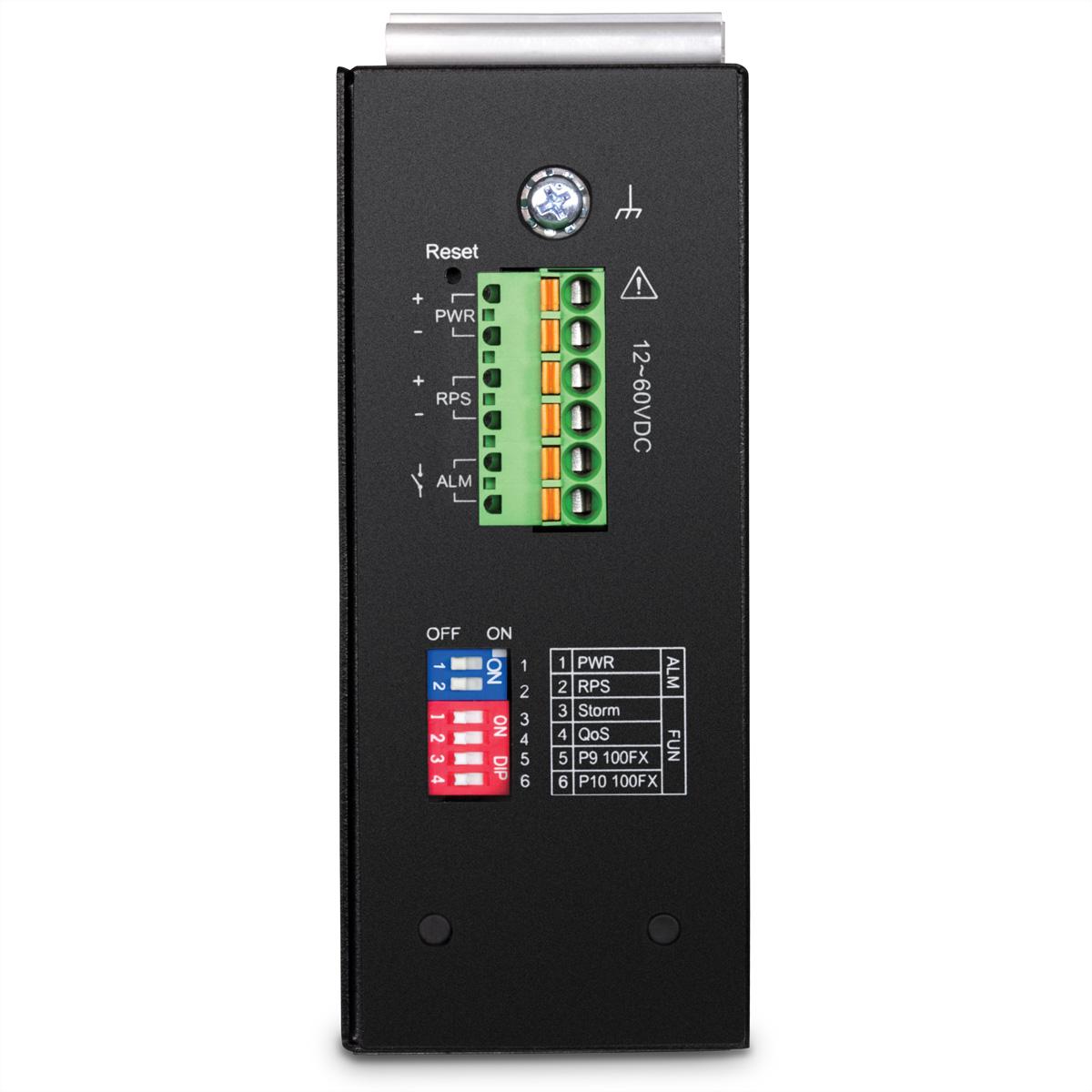 Schwarze Rückseite eines elektronischen Geräts mit Anschlüssen, Schaltern und Beschriftungen.