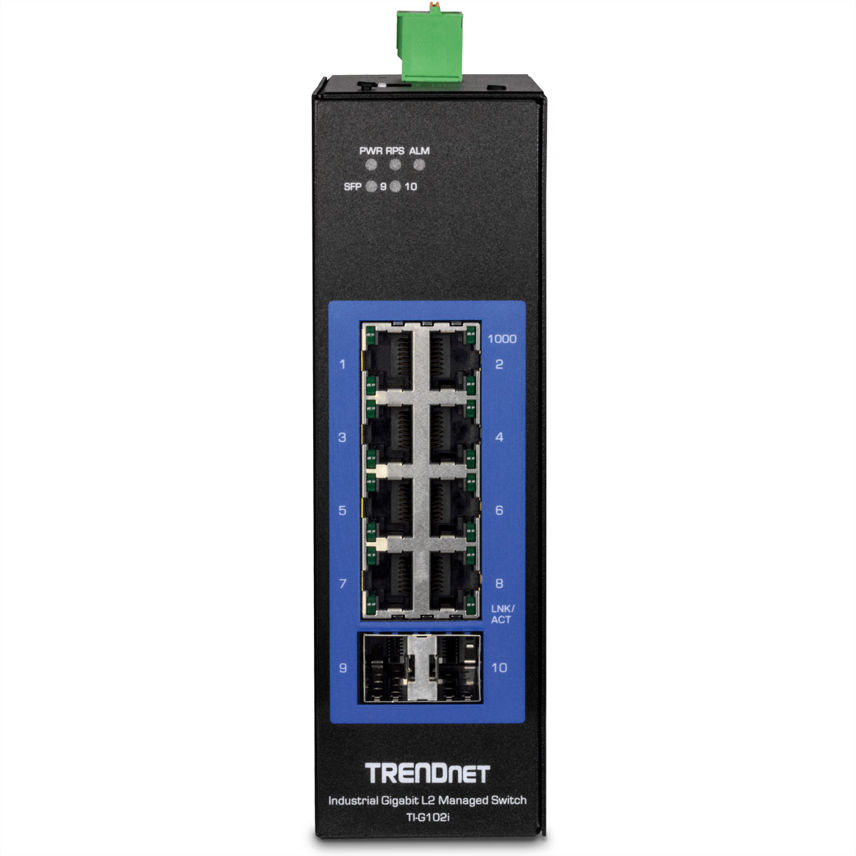 Schwarzer Netzwerk-Switch mit Anschlüssen. Er hat ein TRENDnet-Logo. Die Anschlüsse sind mit 1-10 beschriftet.