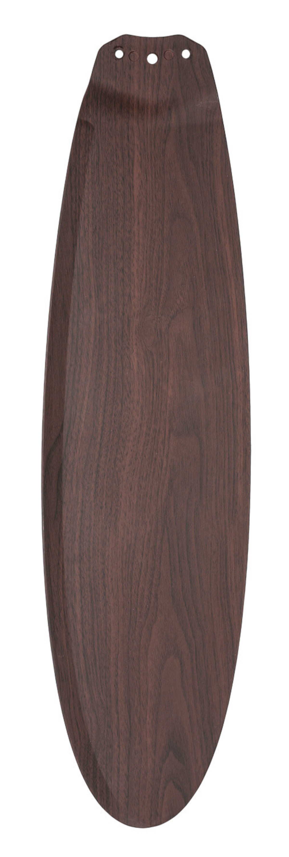 Una pala di ventola in legno. La pala è allungata, con tre fori nella parte superiore.