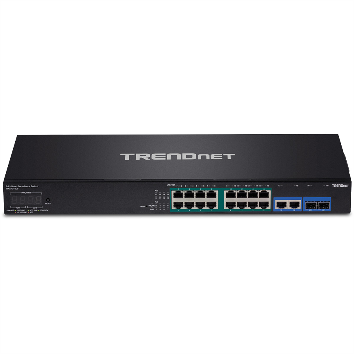Ein schwarzer TRENDnet-Switch mit verschiedenen Anschlüssen und Anzeigen befindet sich auf einer weißen Oberfläche.