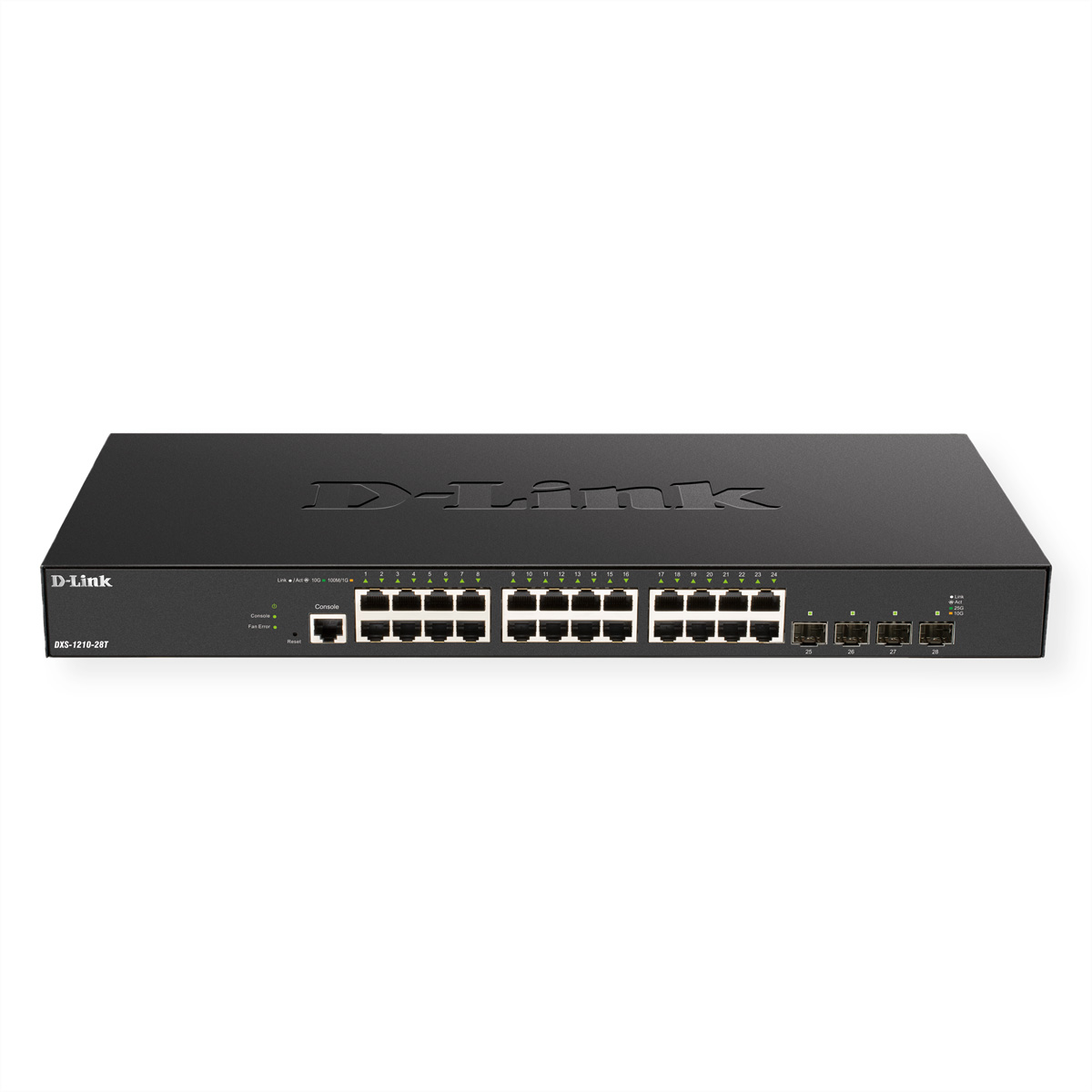 Ein schwarzer D-Link Netzwerk-Switch mit mehreren Ports und Indikatoren.
