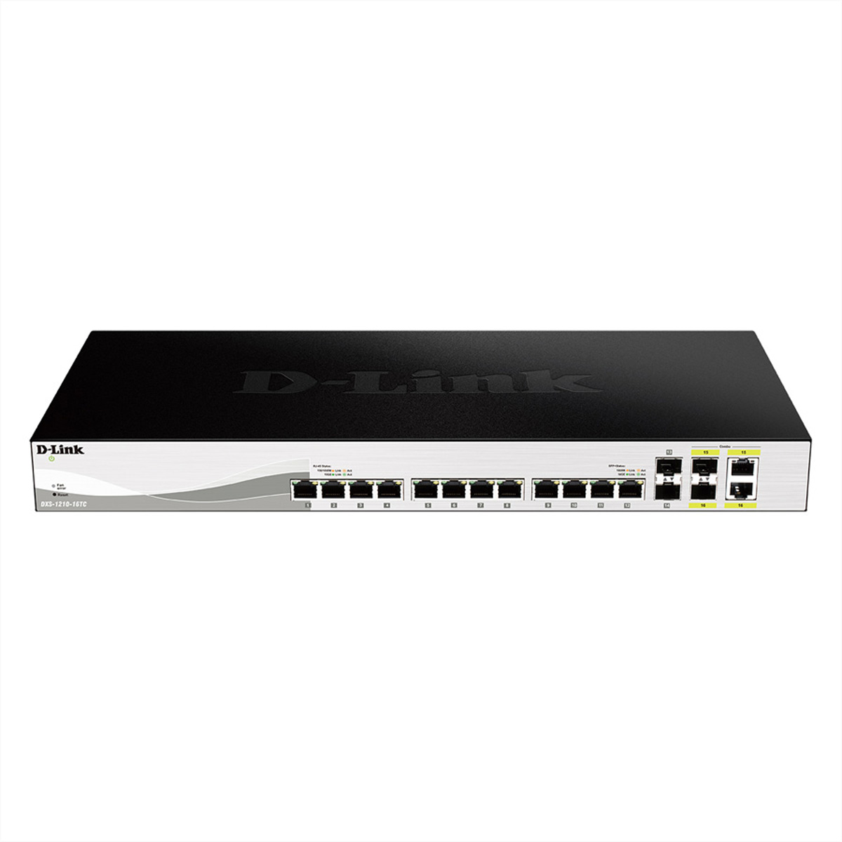 Switch di rete D-Link nero e argento. Pannello frontale con diverse porte e logo D-Link in alto.