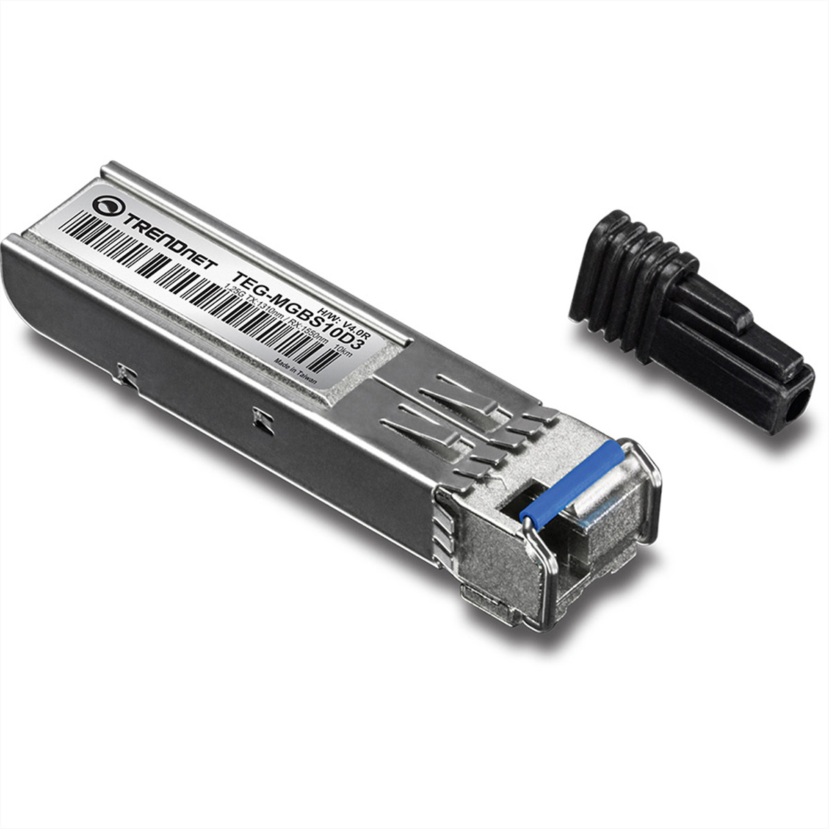 Ein TRENDnet SFP-Modul mit schwarzem Stecker. Das Modul ist silbern mit Text und Etiketten.