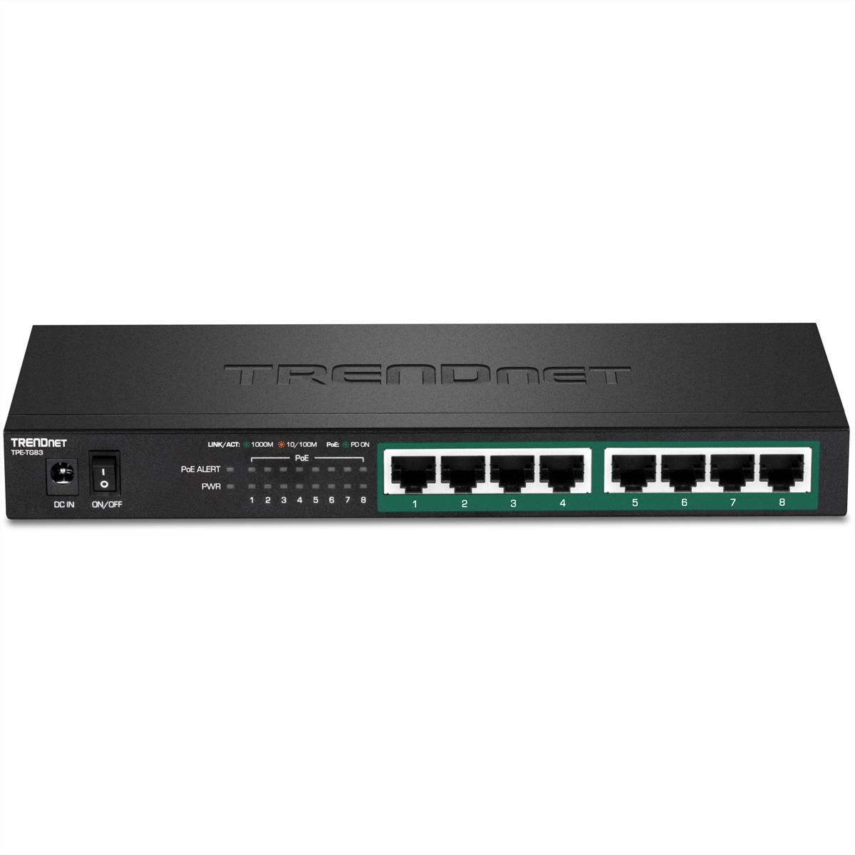 Switch réseau TRENDnet noir. Avec ports, indicateurs d'alimentation et PoE, et entrée/marche/arrêt CC.