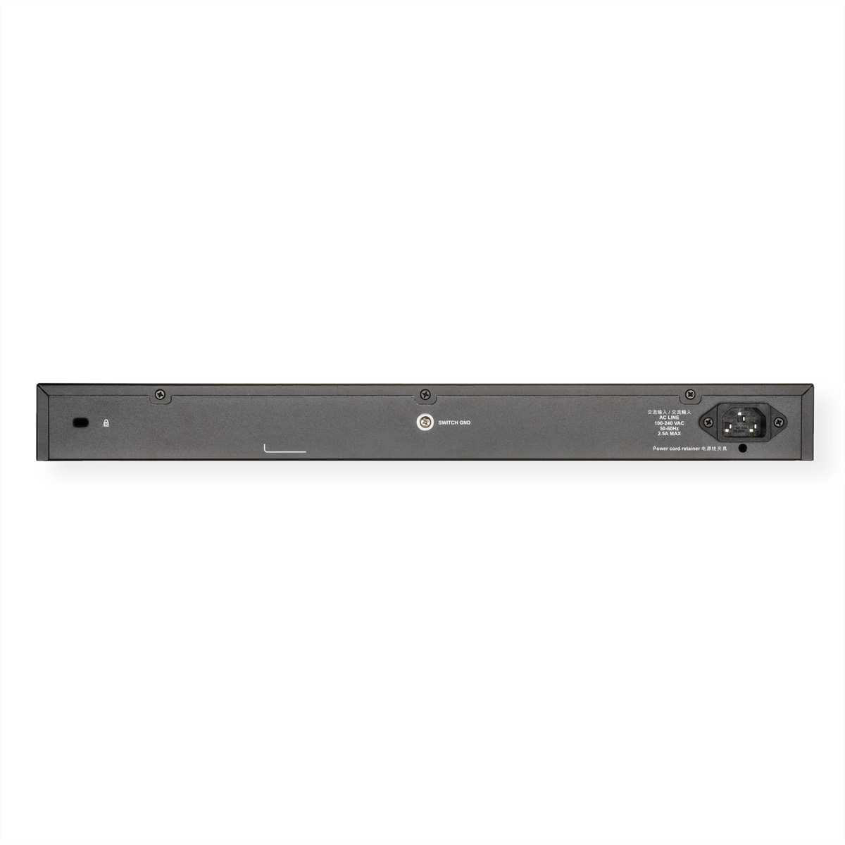 Schwarzer Netzwerk-Switch, mit Anschlüssen und Stromeingang, vor weißem Hintergrund.