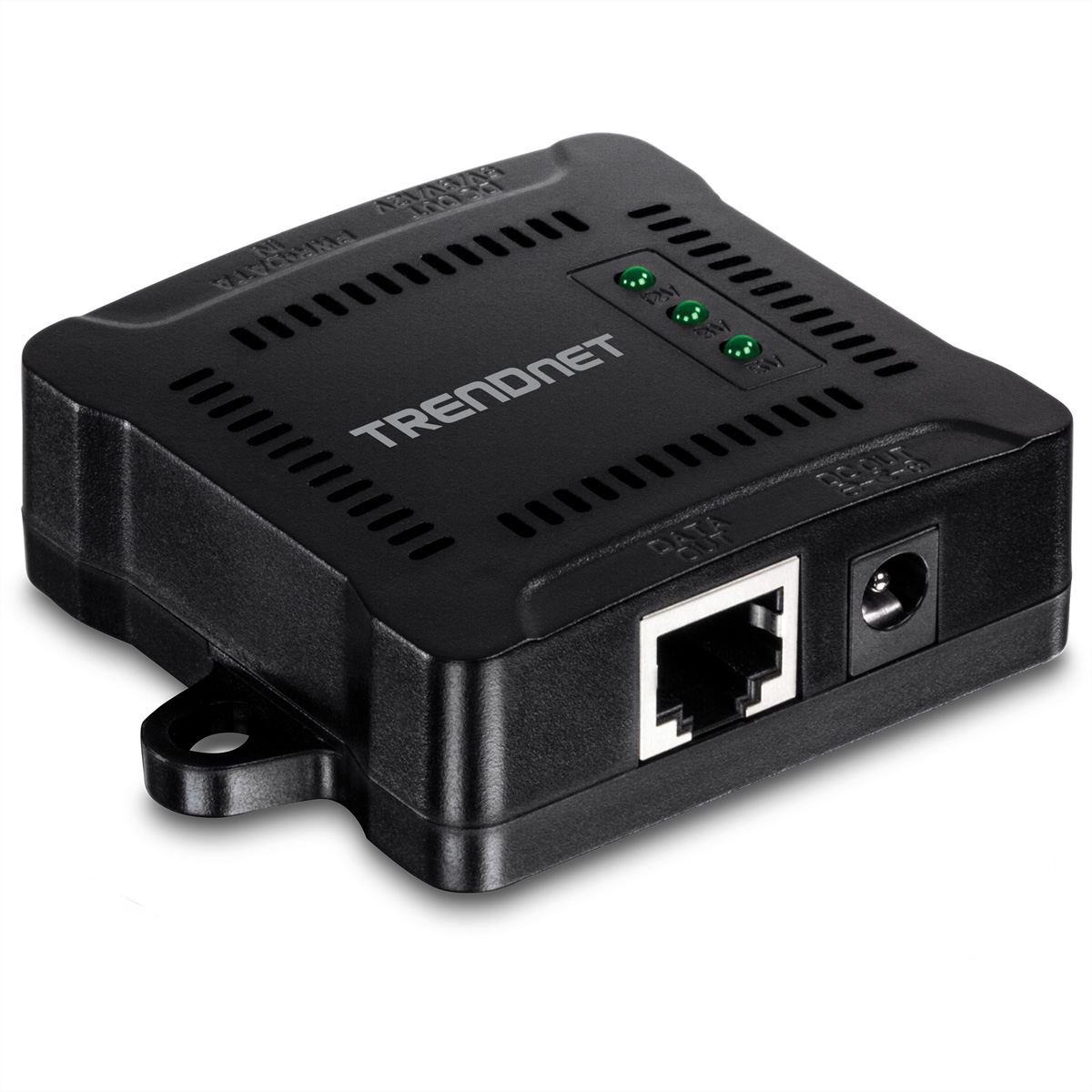 Schwarzer TRENDnet PoE-Injektor mit RJ45-Anschluss, Stromeingang und LED-Anzeigen.