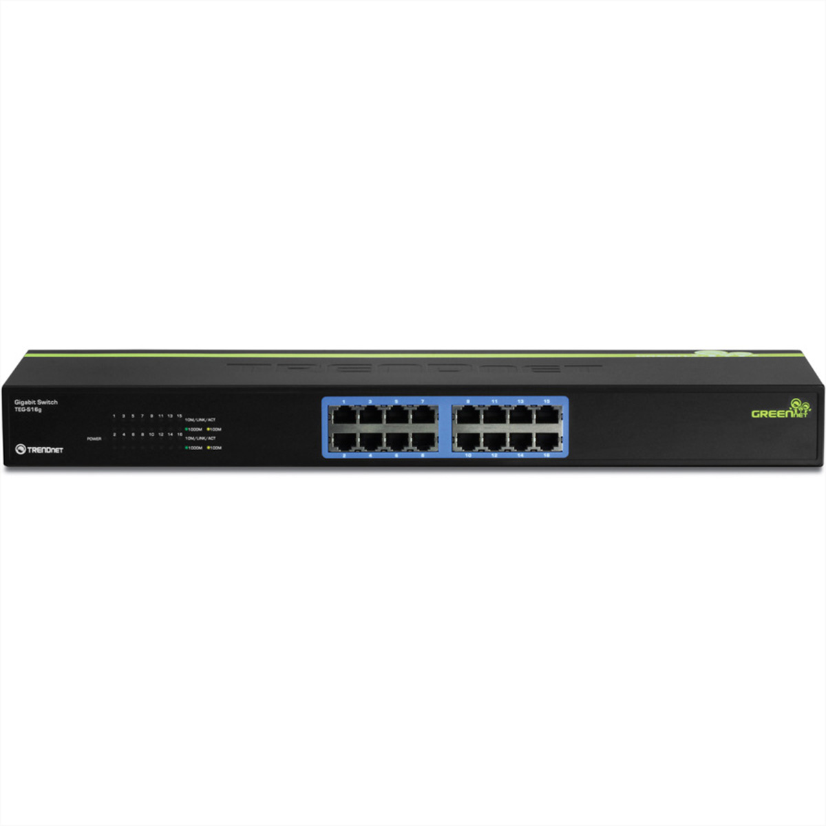 Switch réseau noir avec plusieurs ports, logos Trendnet et GreenNet, et voyants d'état.
