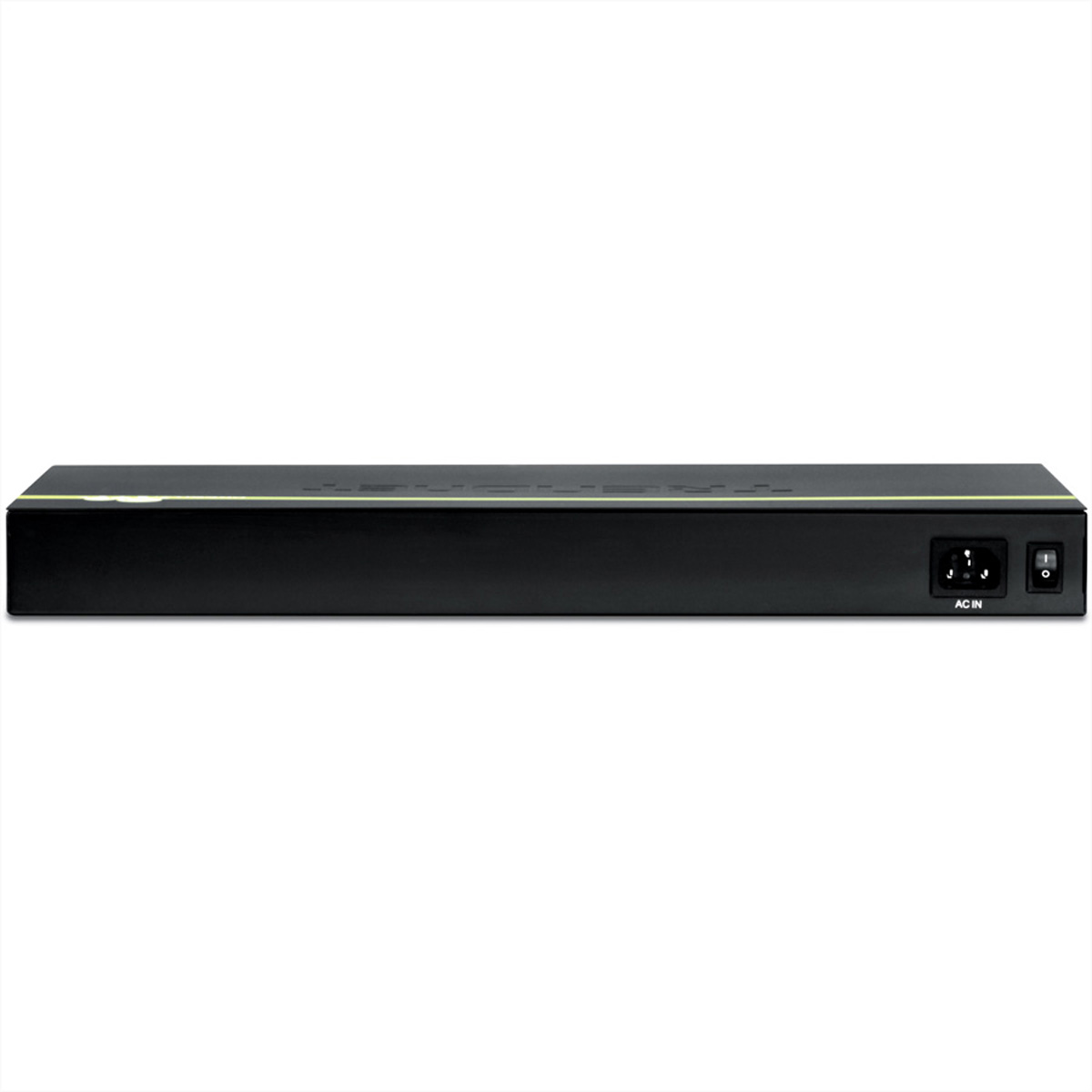 Arrière d'un appareil électronique noir avec un port AC IN et un interrupteur d'alimentation. Isolé sur fond blanc.