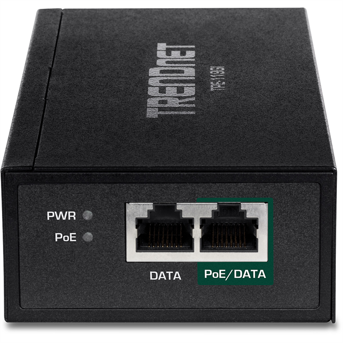 Un commutateur PoE TRENDnet noir avec deux ports de données et un port PoE/DATA, vue de dessus.