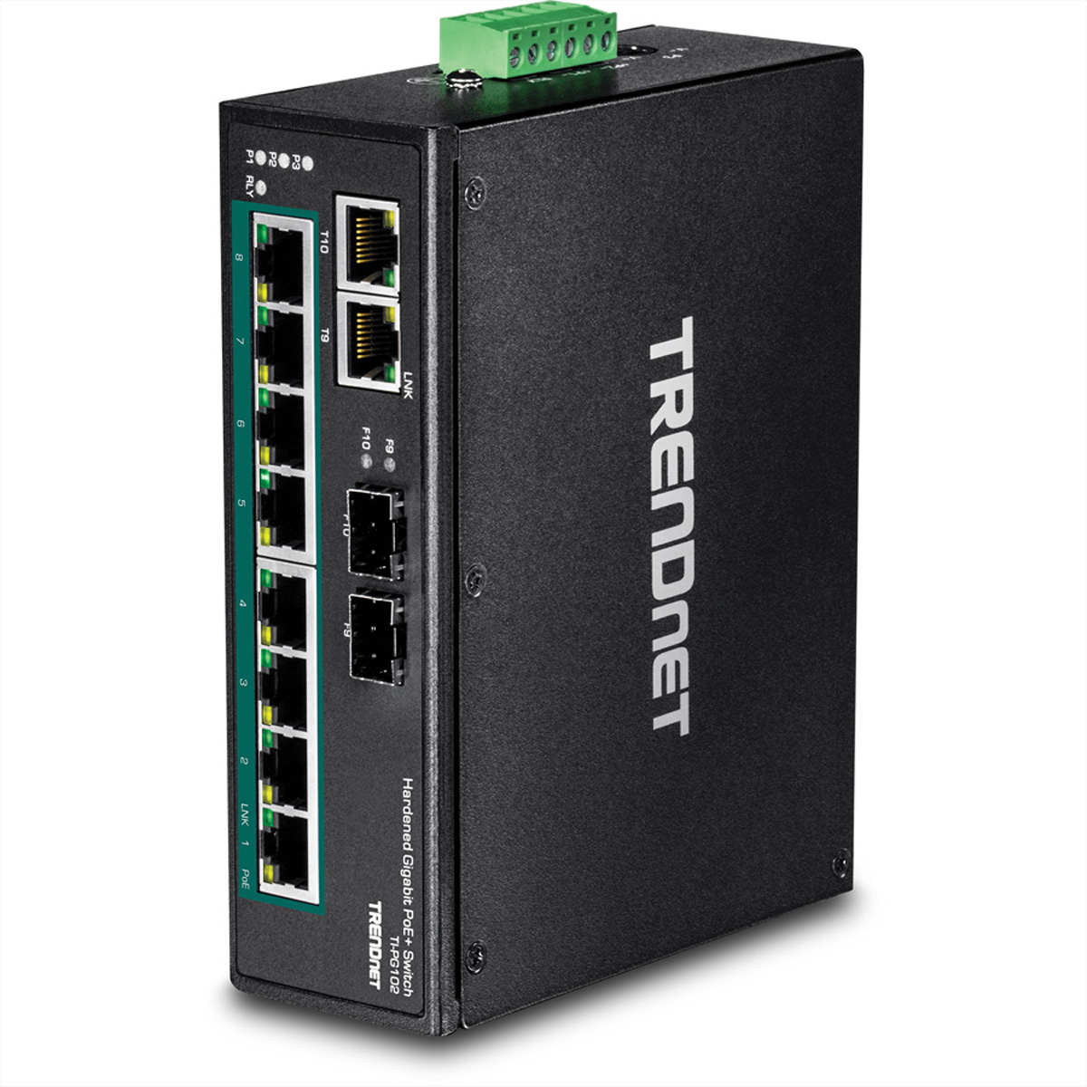 Ein schwarzer TRENDnet Switch mit mehreren Ethernet-Ports und einem grünen Klemmenblock.