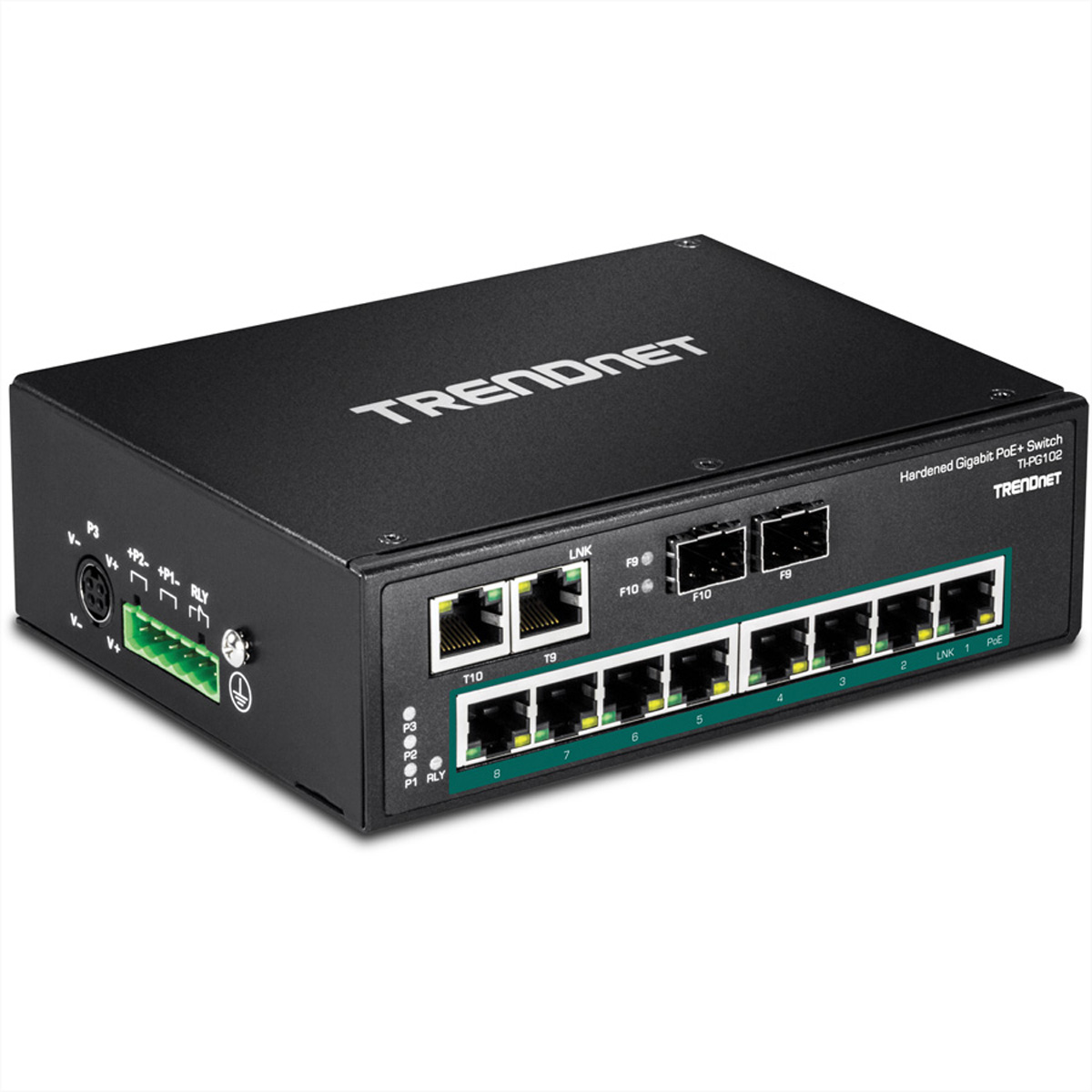 Schwarzes TRENDnet-Gerät mit Anschlüssen. Text: Hardened Gigabit PoE+ Switch.