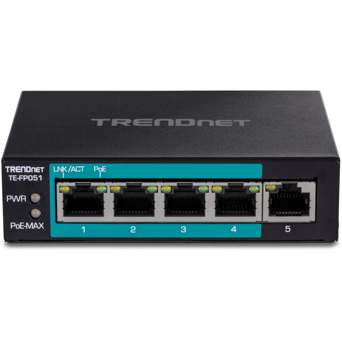 Schwarzer TRENDnet-Netzwerk-Switch mit fünf Ports, beschriftet mit PWR, PoE-MAX und LNK/ACT.