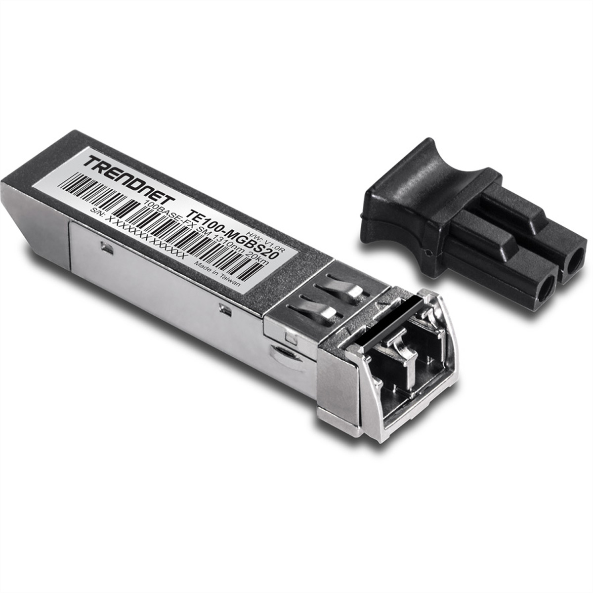 Een TRENDnet SFP-module met een zwarte connector op een witte achtergrond.