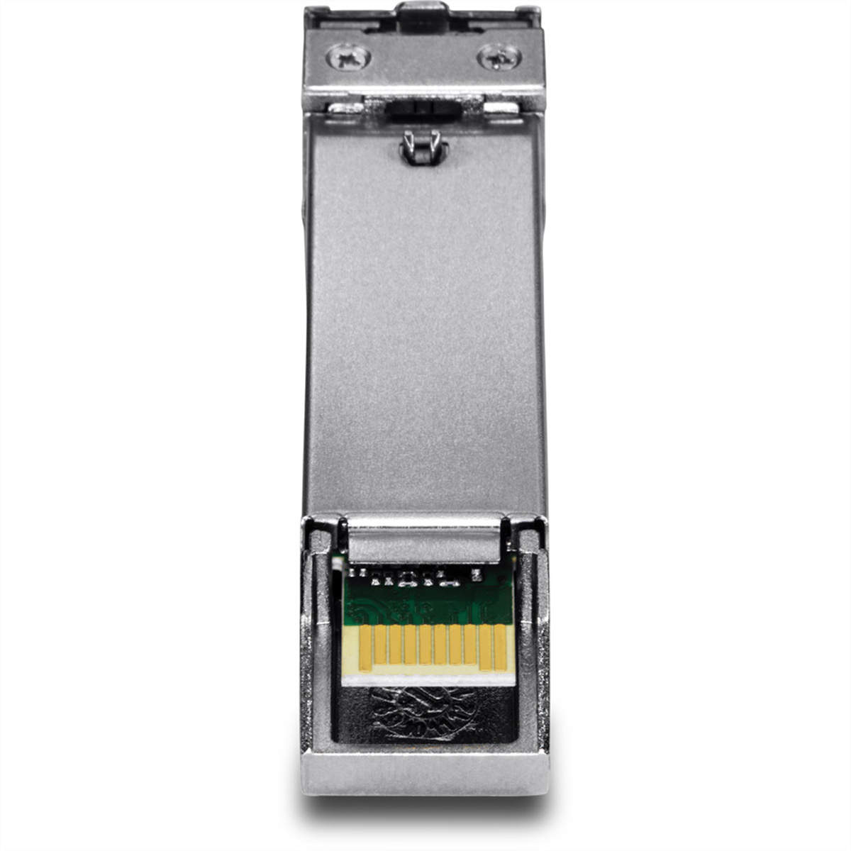 Metalen SFP-transceiver met een groene printplaat, van bovenaf gezien.