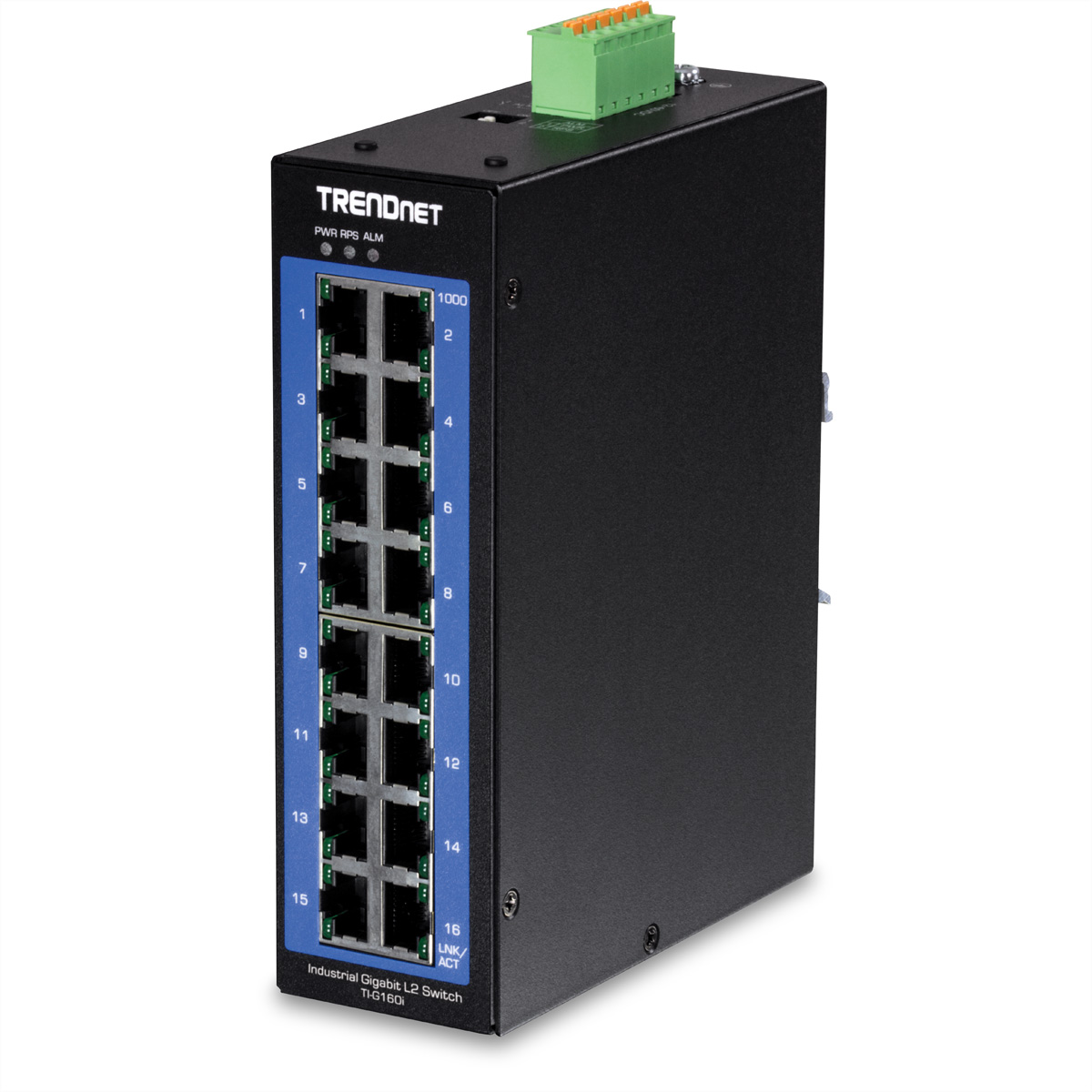 Switch TRENDnet nero con 16 porte, morsettiera verde e LED. Etichette delle porte blu.