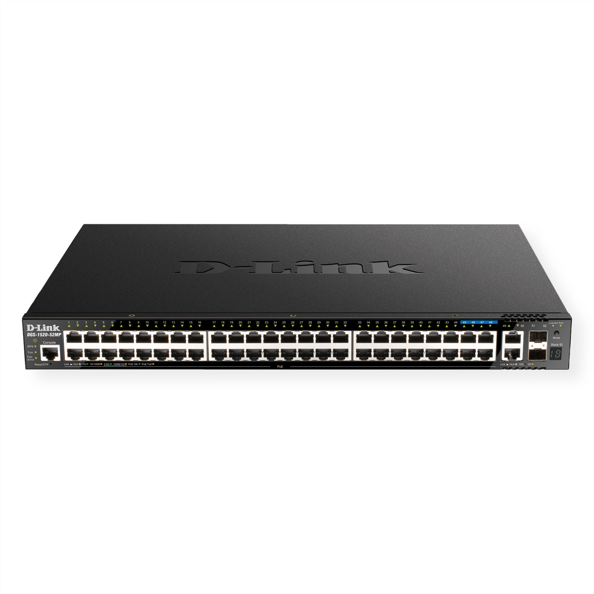 D-Link Netzwerk-Switch, schwarz, mit vielen Anschlüssen und Kontrollleuchten oben.