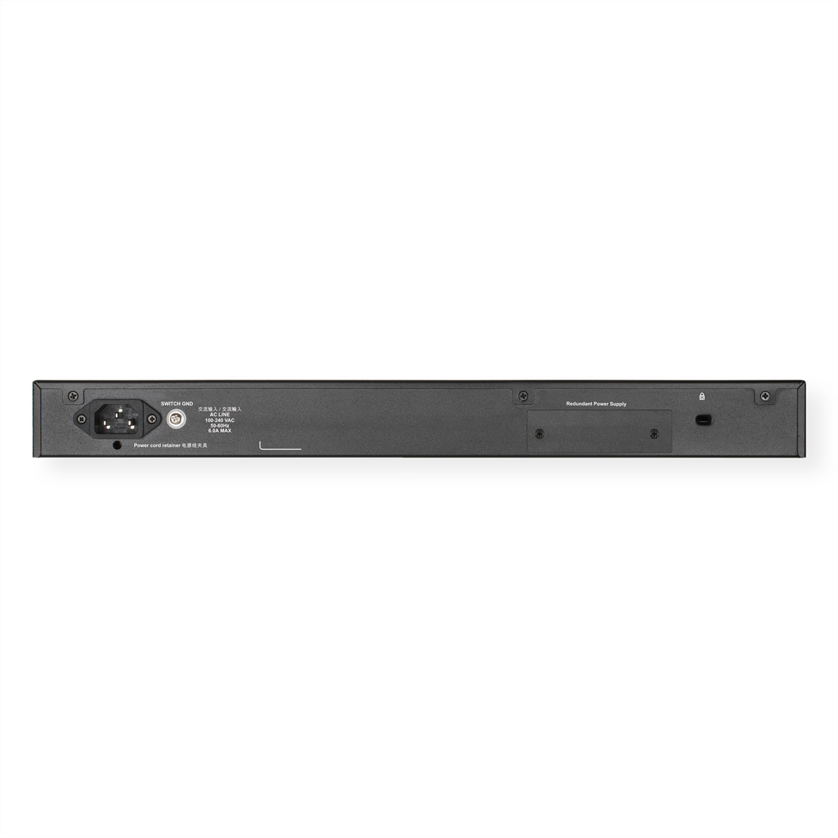 Schwarze Computerhardware mit Netzkabel und Anschlüssen.