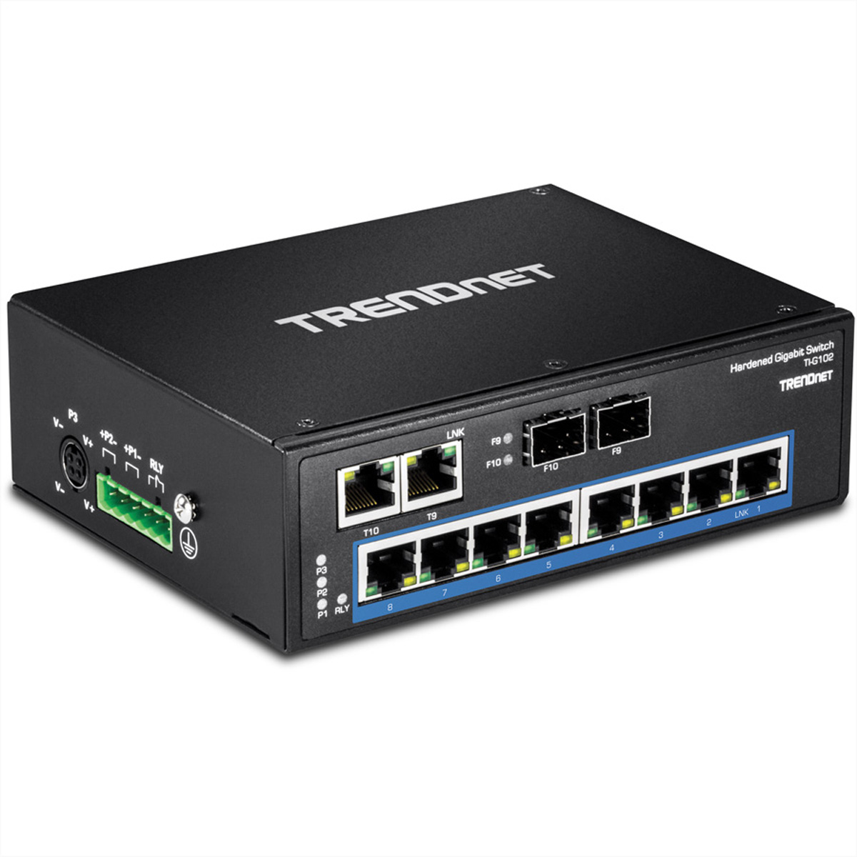 Schwarzer Netzwerk-Switch mit TRENDnet-Logo und mehreren Anschlüssen.