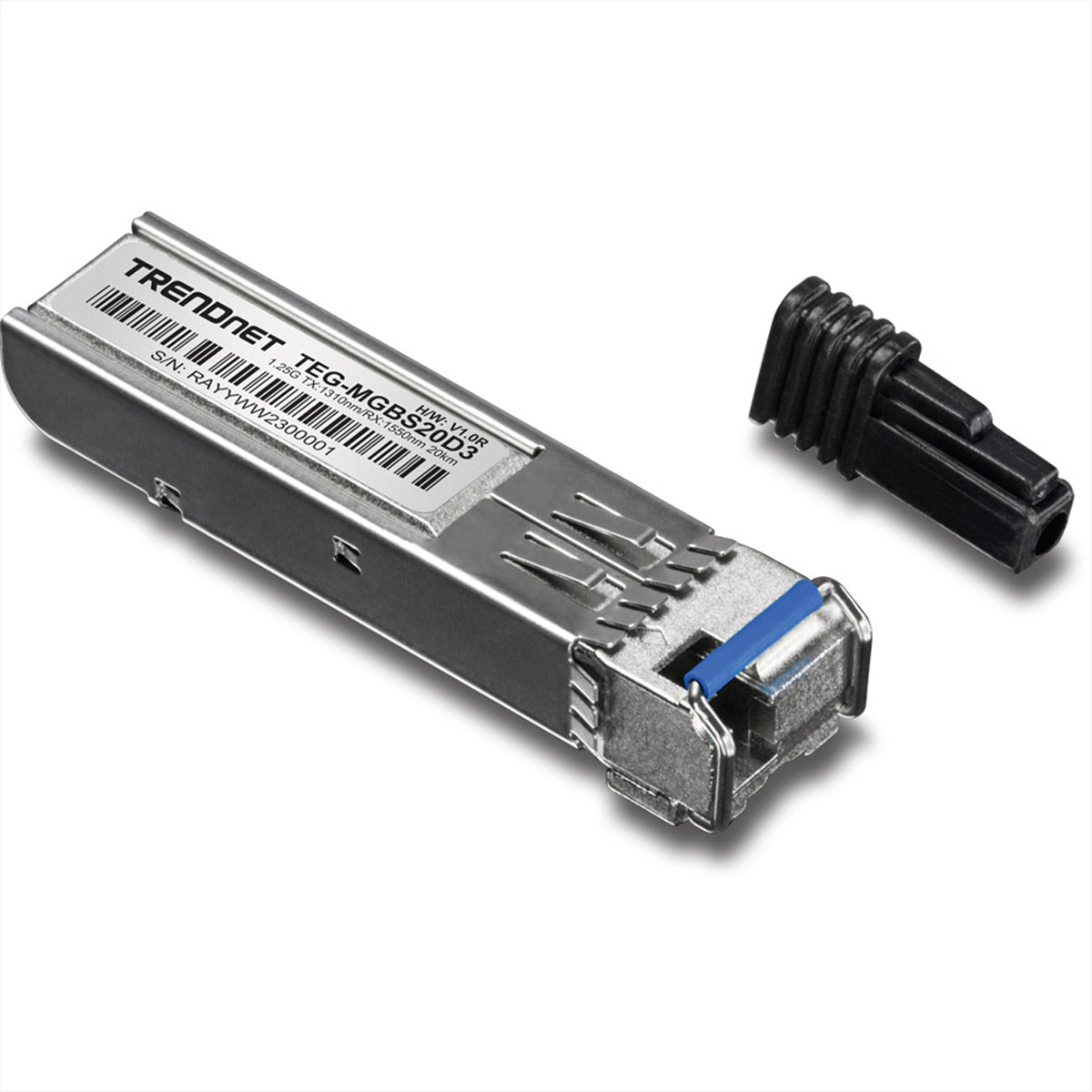 Silbernes SFP-Modul mit blauem Tab, schwarzem Stecker und TRENDnet-Branding.