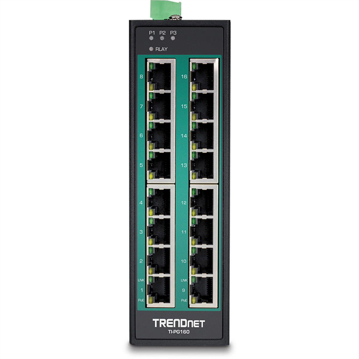 Switch TRENDnet con più porte sul davanti. I LED verdi indicano l'attività.