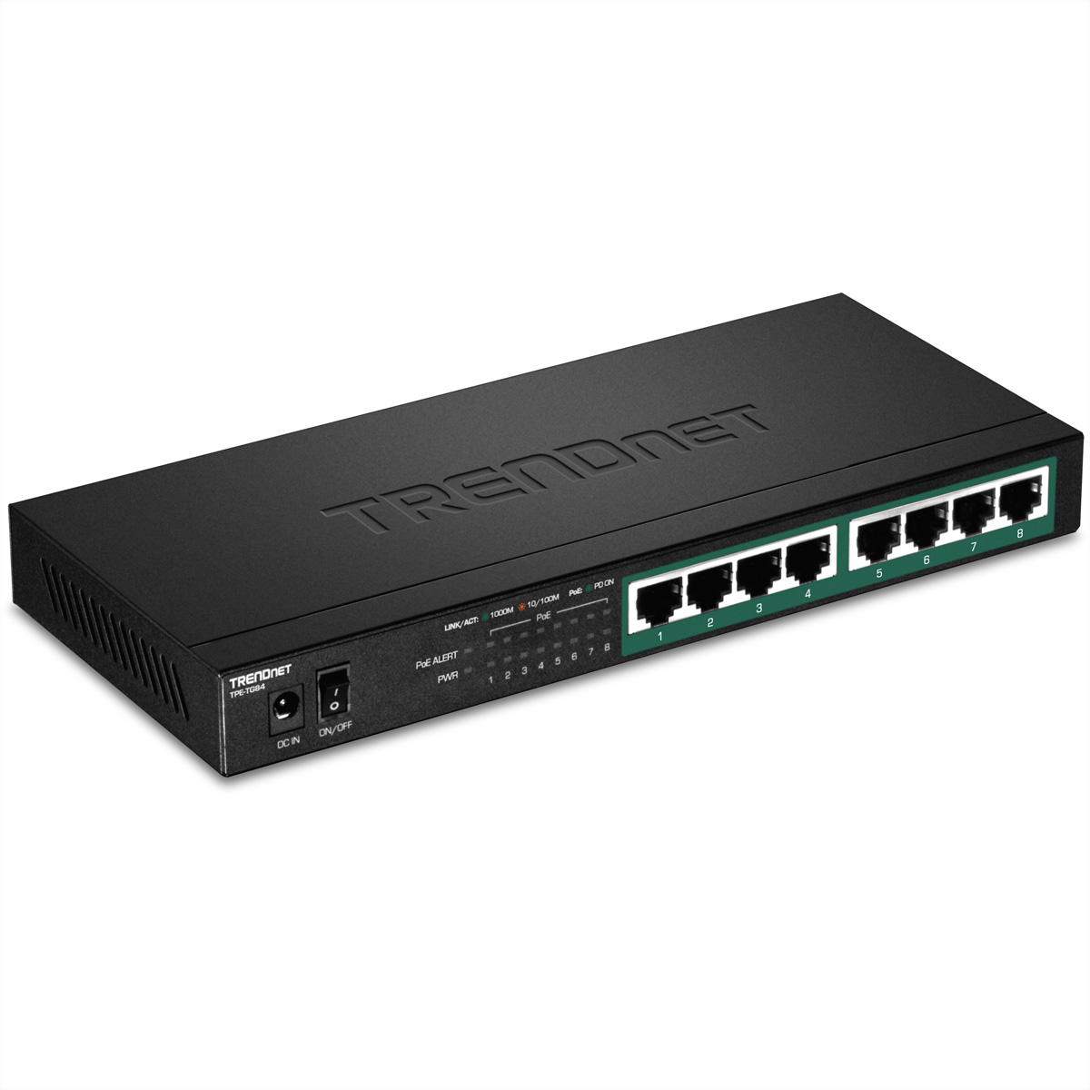 Schwarzer TRENDnet Netzwerk-Switch mit Anschlüssen 1-8, DC und Ein/Aus.