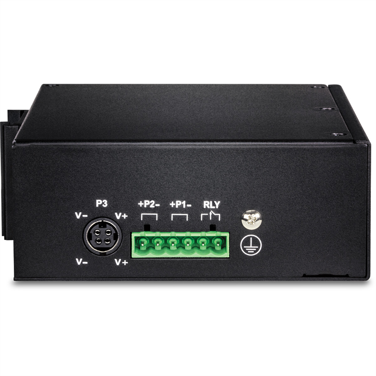 Un dispositivo elettronico nero con connettori etichettati P3, V-, V+, +P2-, +P1-, RLY e un simbolo di messa a terra.