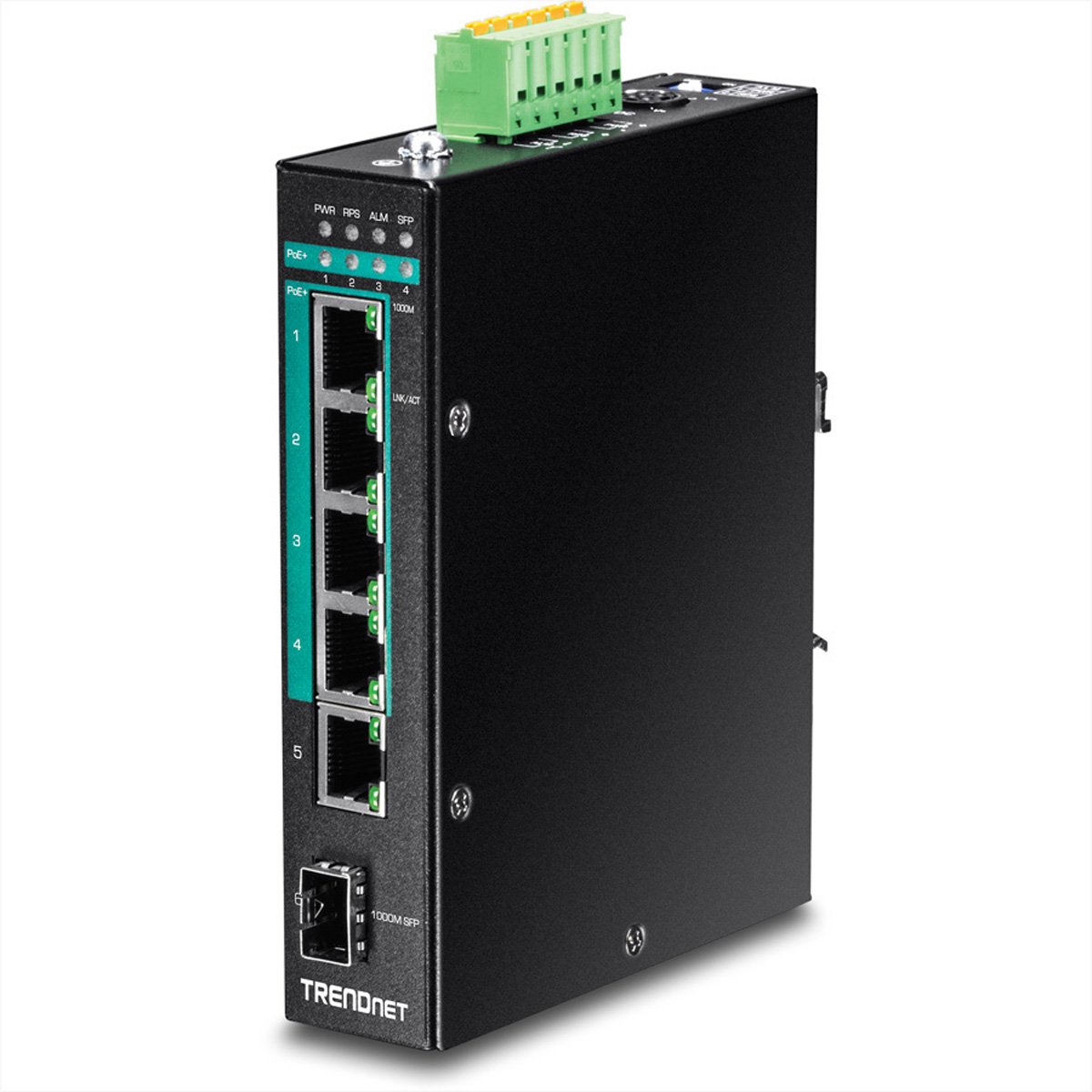 Ein schwarzer Netzwerk-Switch mit mehreren Anschlüssen, Anzeigen und einem grünen Stecker.
