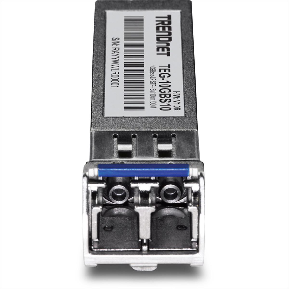 Silbernes und schwarzes TRENDnet SFP-Modul. Hat Text und Barcodes auf dem Etikett. Metallgehäuse.