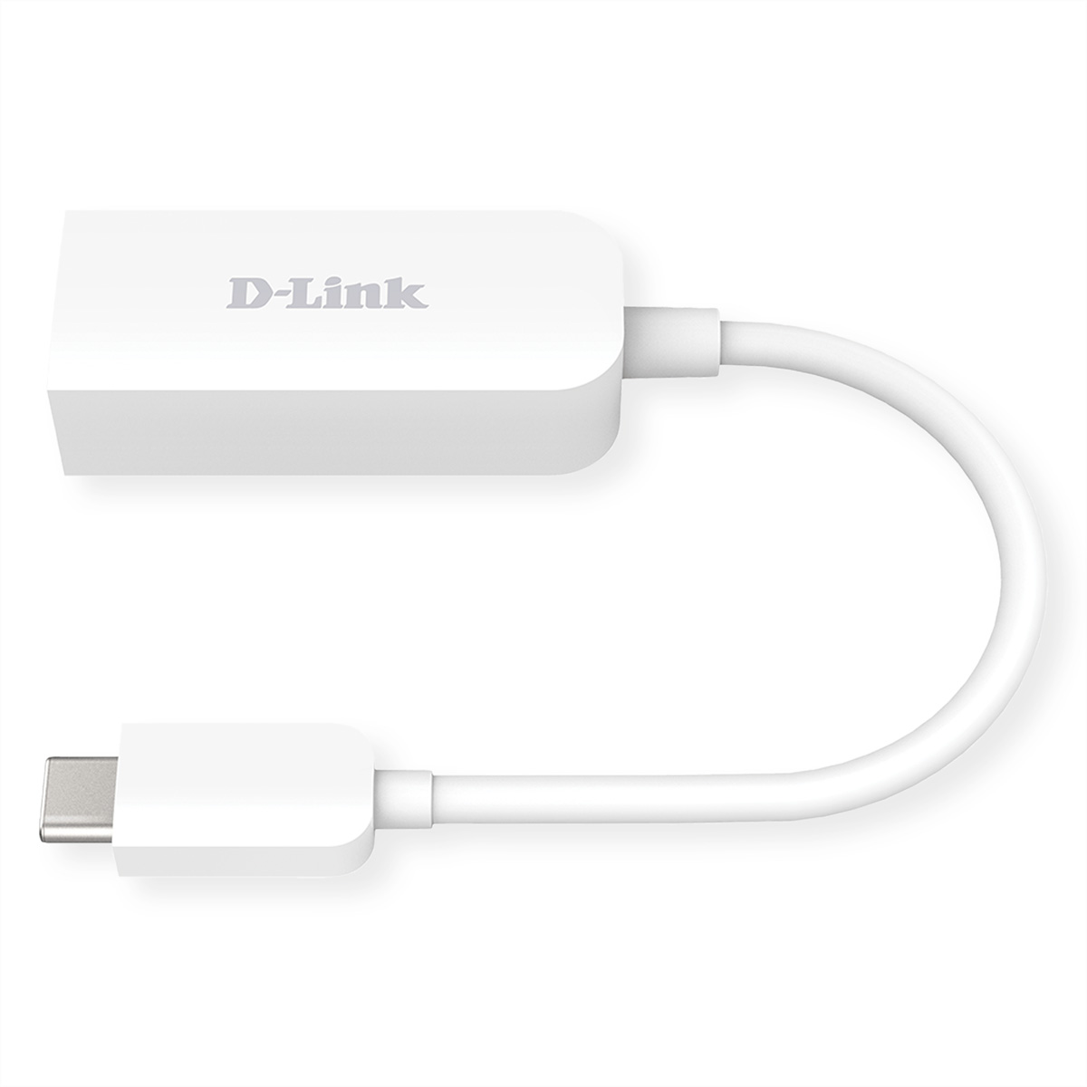 Adaptador USB-C a USB-A D-Link blanco con cable corto y curvo.