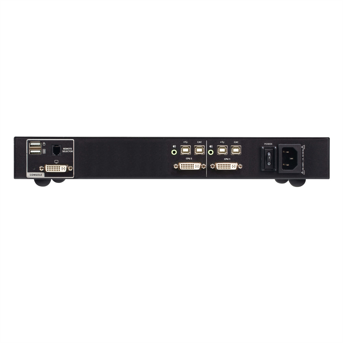 Schwarzer KVM-Switch mit sichtbaren Anschlüssen und Steckern, auf weißem Grund.