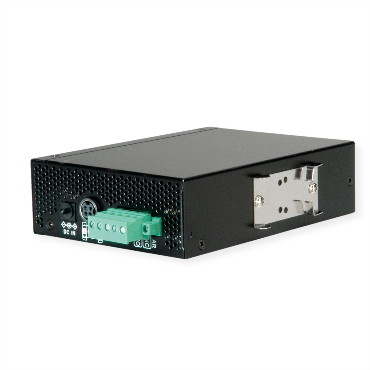 Zwart elektronisch apparaat met groene connector.