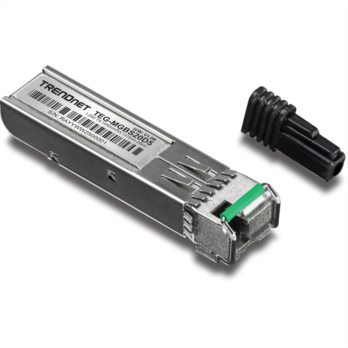 Ein silberner SFP+-Transceiver mit schwarzer Kunststoffkappe und grünem Stecker. Der Text TRENDnet ist sichtbar.