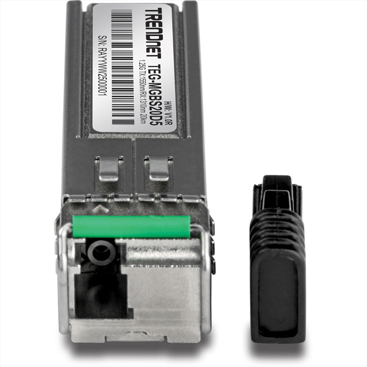 Silbernes TRENDnet SFP-Modul mit schwarzem Stecker. Weißer Hintergrund. Detaillierte Nahaufnahme.