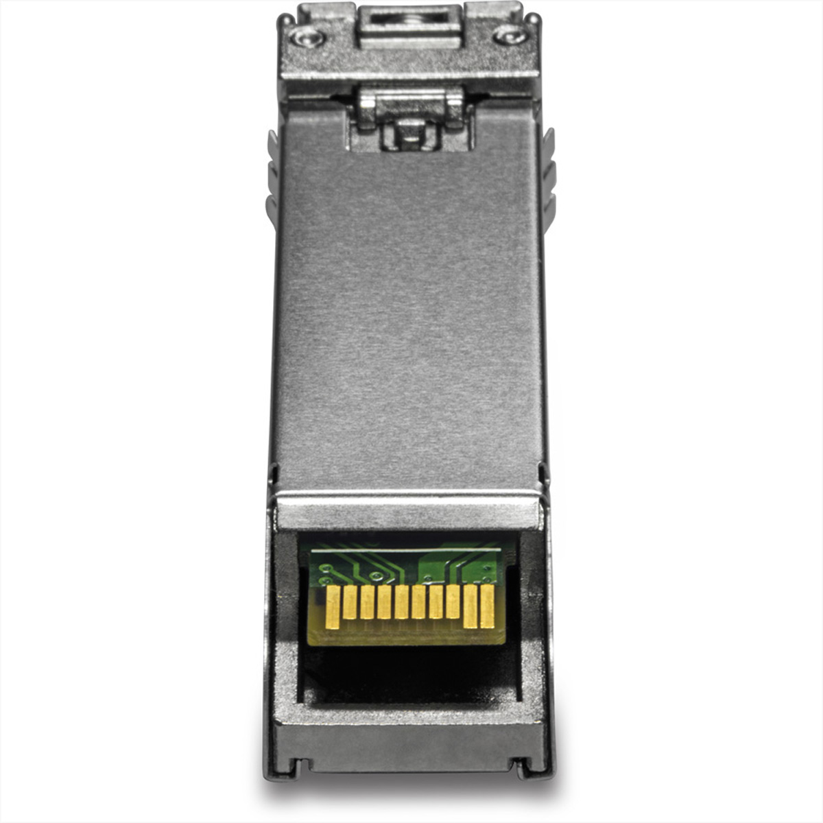 Silbernes SFP-Modul mit sichtbarer grüner Platine, vor weißem Hintergrund.