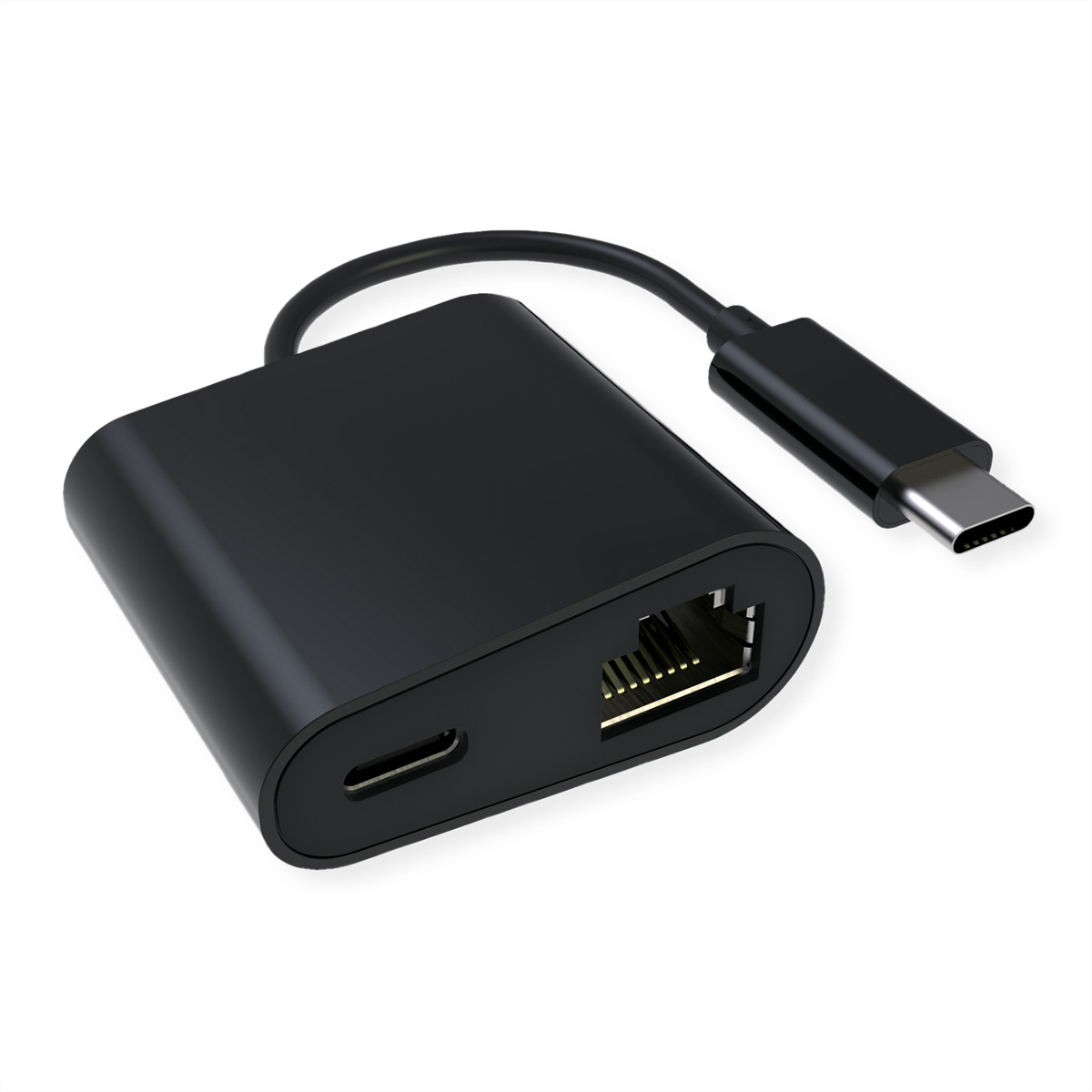 Un adaptateur USB-C vers Ethernet noir. Il a un connecteur USB-C et un port Ethernet.