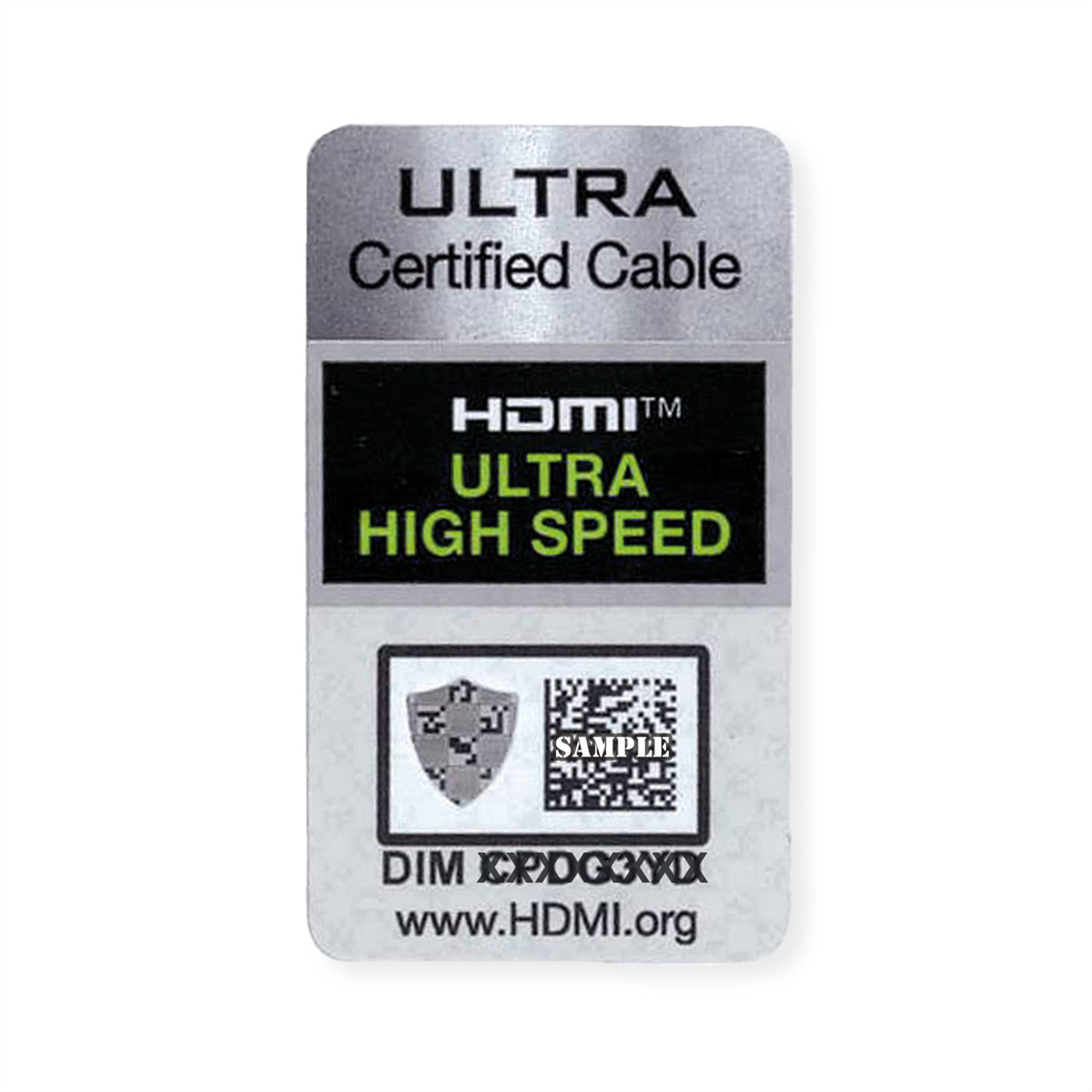 Een witte en grijze HDMI Ultra High Speed-kabelsticker met diverse labels en tekst.
