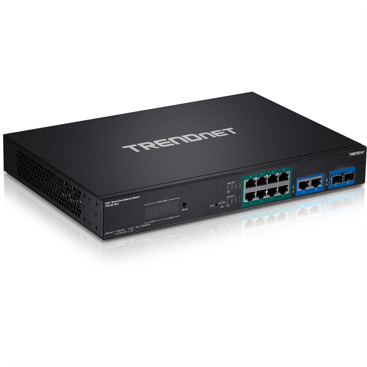 Schwarzer TRENDnet PoE Smart Surveillance Switch. Er hat mehrere Ports mit grünen und blauen Lichtern.