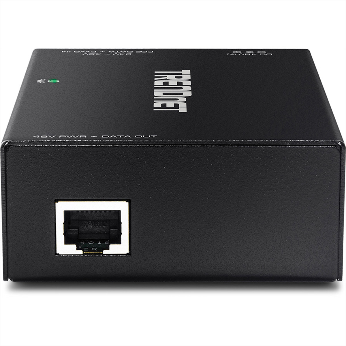 A black TRENDnet device with a single port and labels against a white background.