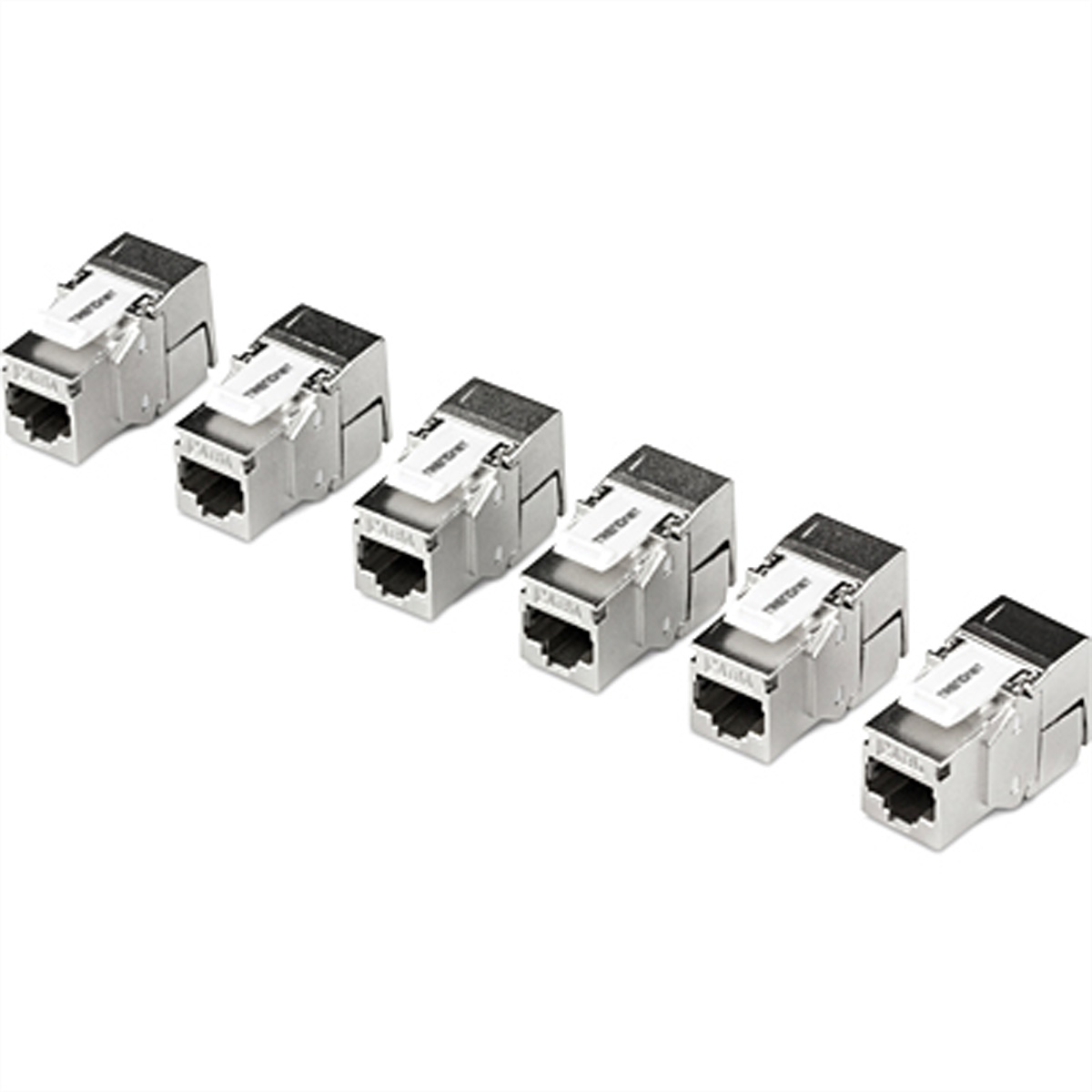 Sechs silberne RJ45-Steckverbinder in einer Reihe. Sie haben einen kleinen Hebel und das Wort TRENDnet.