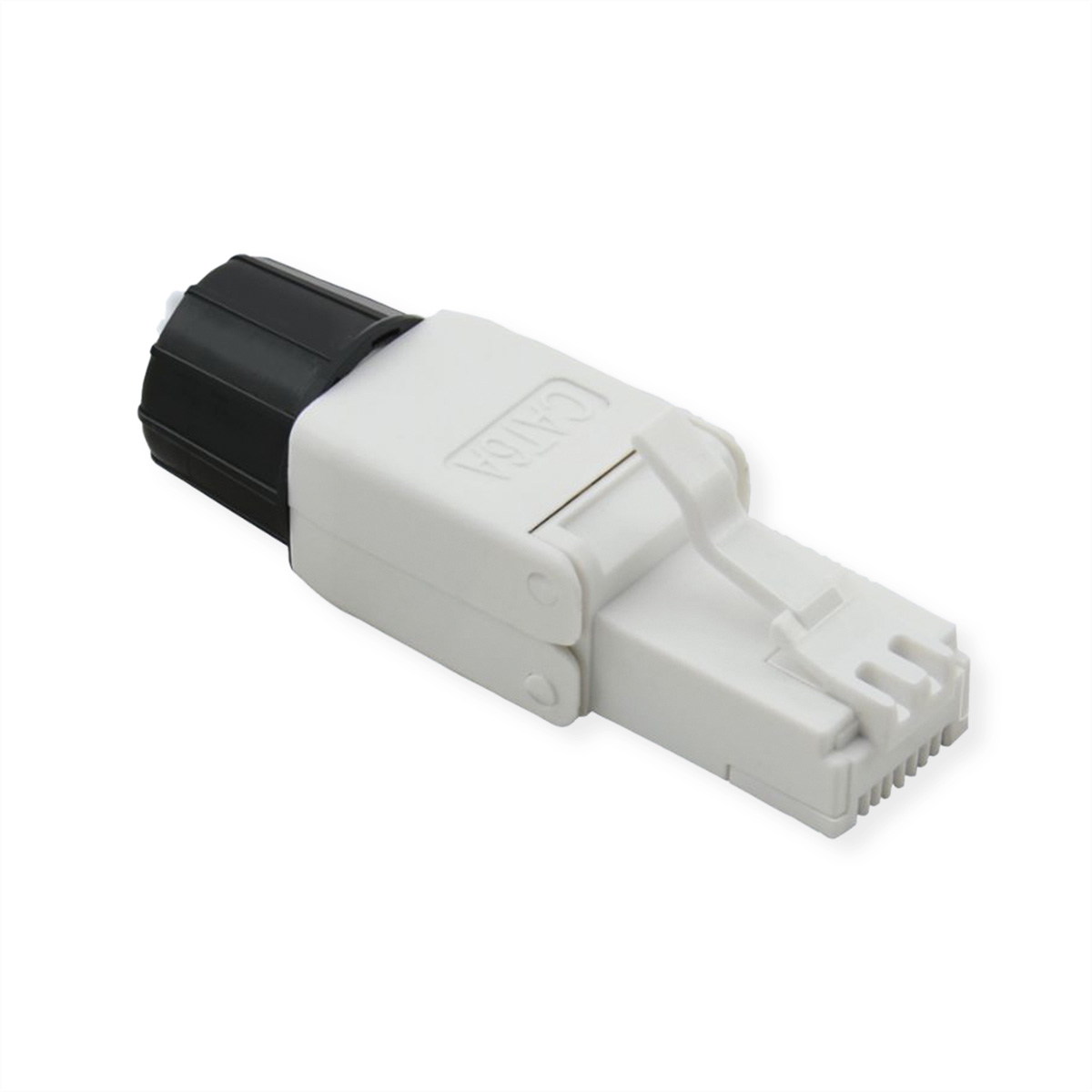 Un connecteur CAT6A blanc et noir. Le connecteur est blanc avec une section noire.