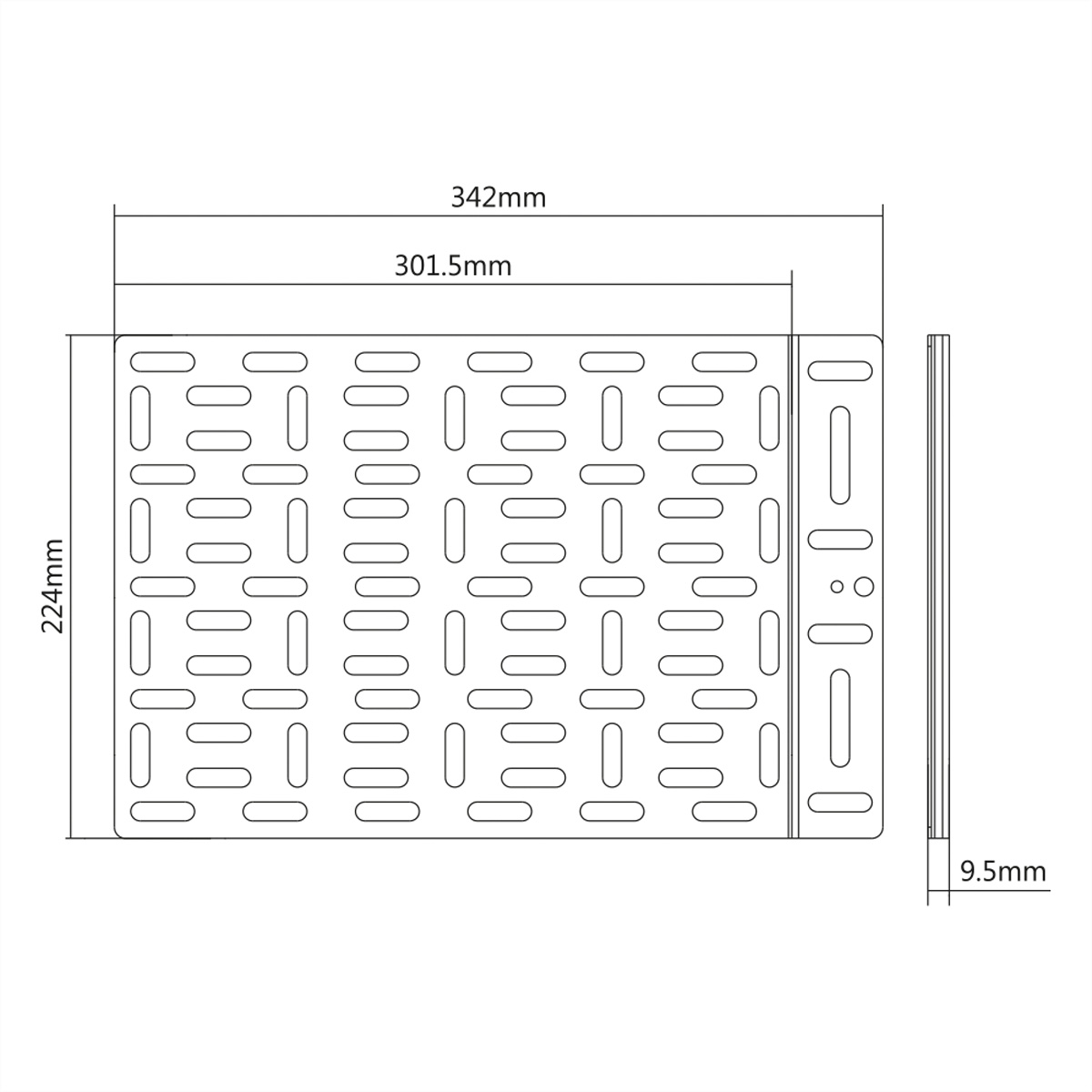 Een rechthoekige metalen plaat met veel rechthoekige gaten. Afmetingen zijn aangegeven.