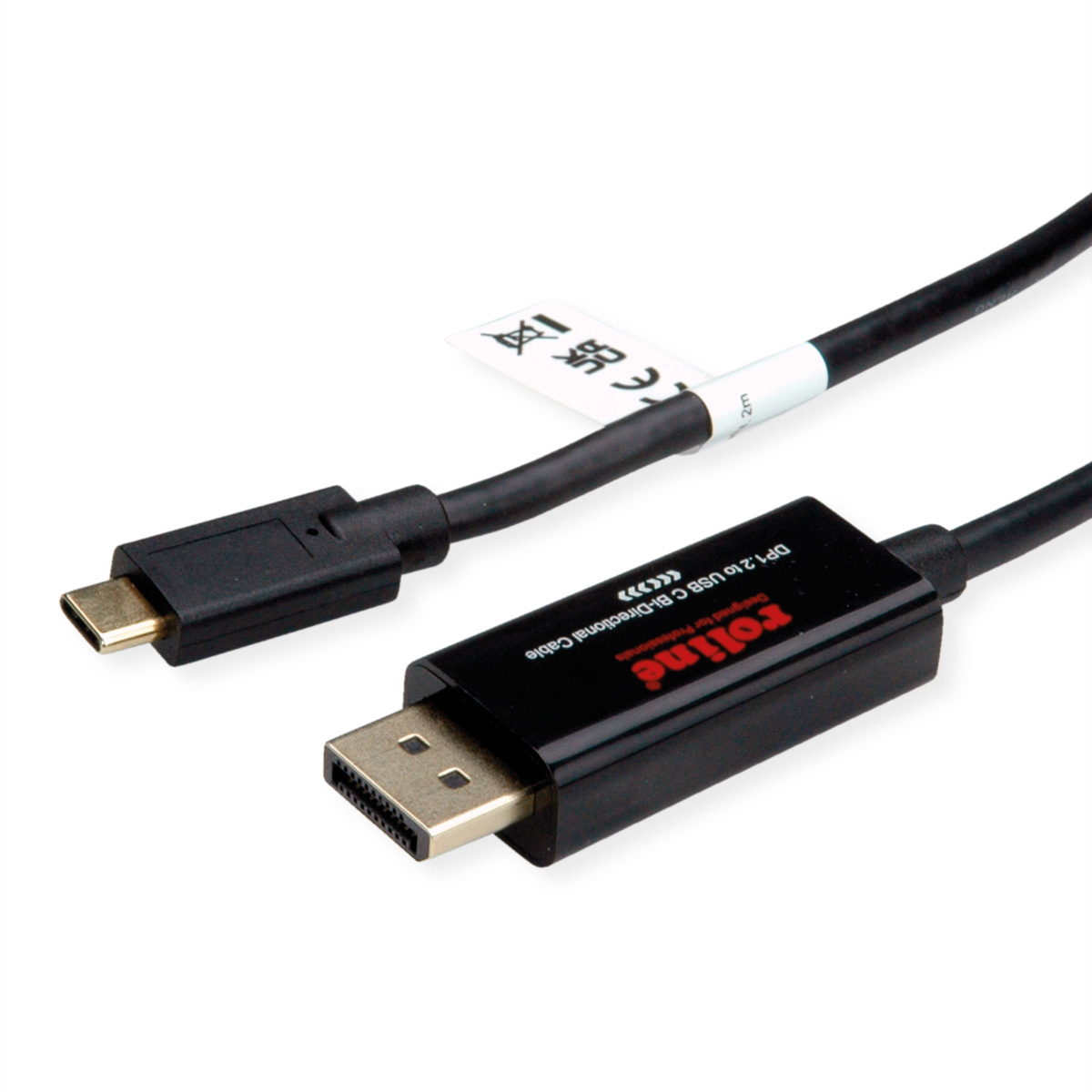 Zwarte USB-C naar DP bidirectionele kabel met tekst en een wit label.